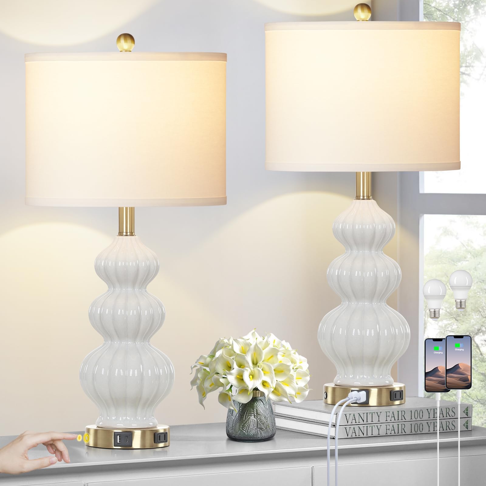 Modern Triple Gourd Ceramic Table Lamps Set of 2 - White USB Bedside Lamps with Type-C & AC Outlet, 3-Way Touch Control Nightstand Lighting for Bedroom, Living Room, Office | Perfect for Reading, Decor & Charging Devices