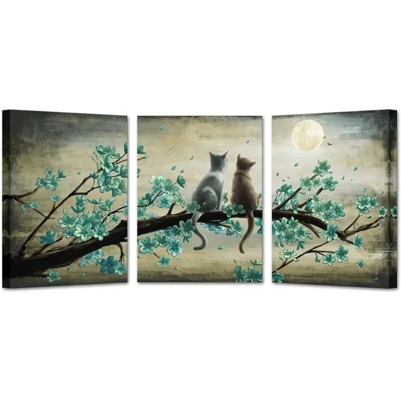 3-Piece Metal Wall Art Print - Two Cats Gazing at the Moon - Ready to Hang Home Decor for Living Room, Bedroom & Office