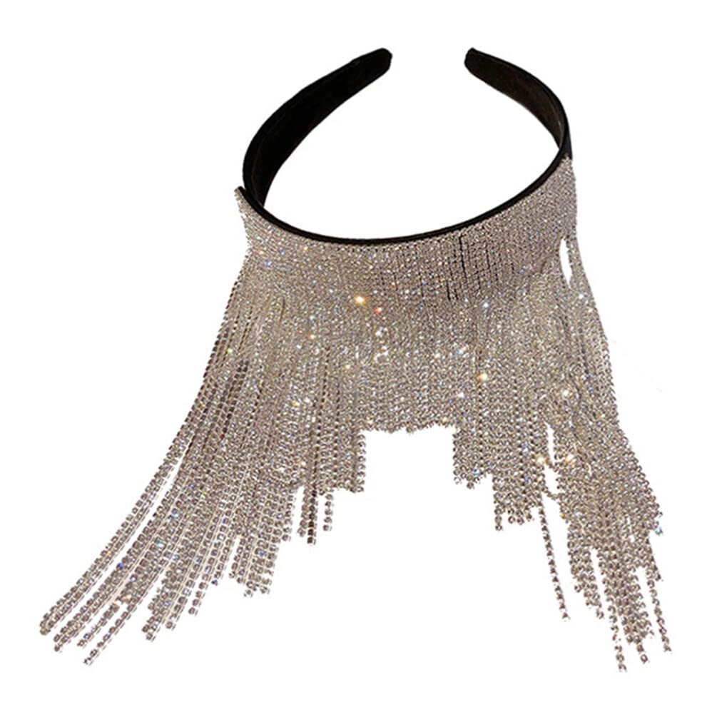 Lurrose Women's Rhinestone Tassel Headband - Sparkly Crystal Beaded Hair Accessories for Wedding, Party & Special Occasions - Silver Fashion Headwear for Women and Girls