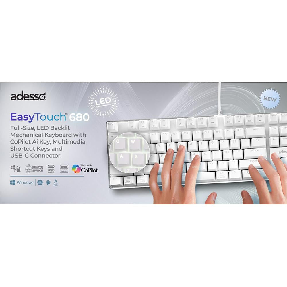 Adesso AKB 680UW EasyTouch 680 Mechanical Keyboard with CoPilot AI Hotkey - Ergonomic USB Wired Keyboard for Gaming, Office & Programming | Fast Typing & AI Assistance for PC, Mac, Laptop Users