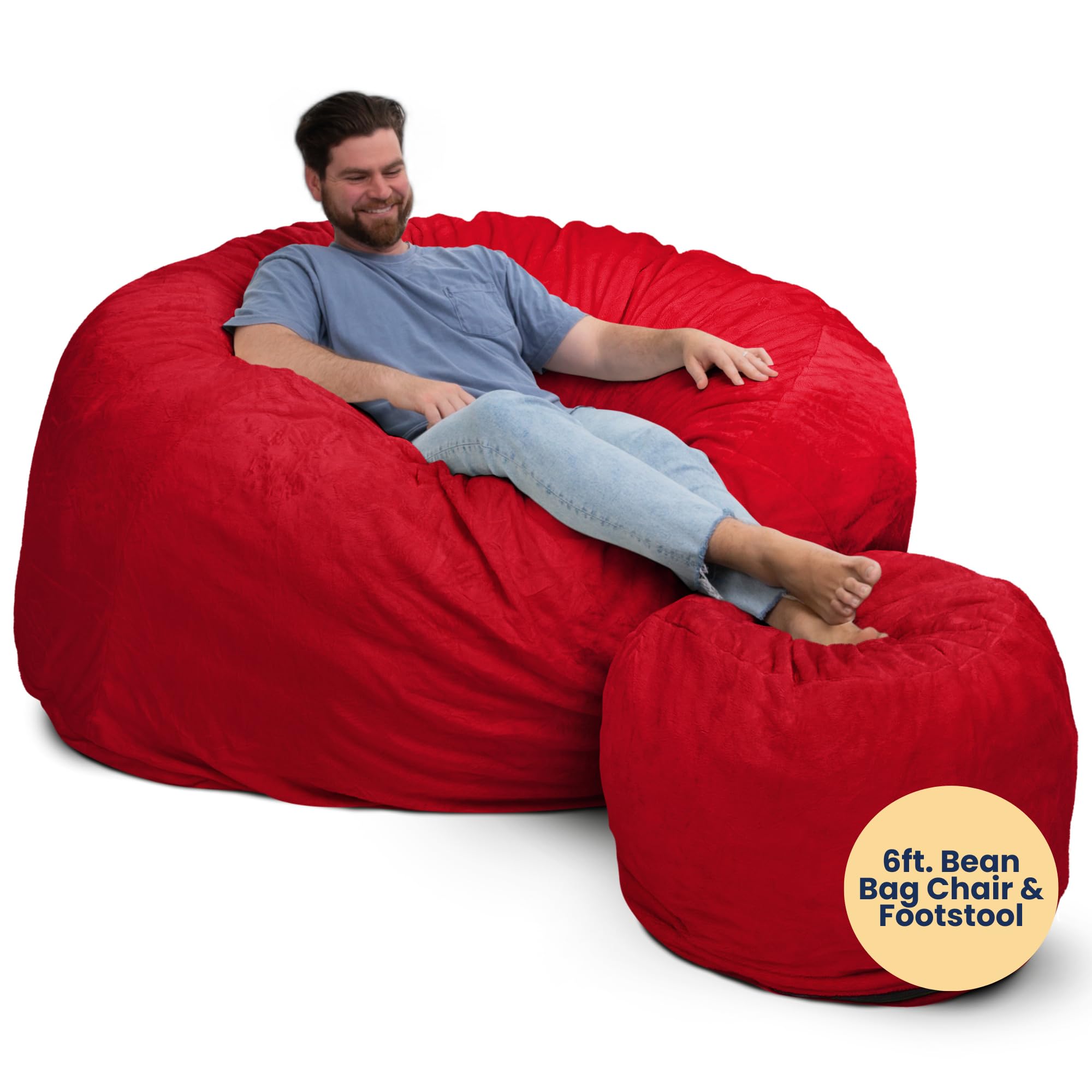 ULTIMATE SACK 6ft Oversized Bean Bag Chair with Footstool - Giant Comfortable Lounge Furniture for Adults (Red Fur) - Perfect for Living Rooms, Game Rooms & Dorm Relaxation