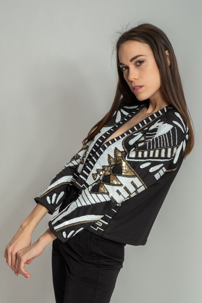 Chacana Embellished Jacket for Women - Stylish Black & White Fashion Coat for Fall & Winter - Perfect for Parties, Dates, and Office Wear