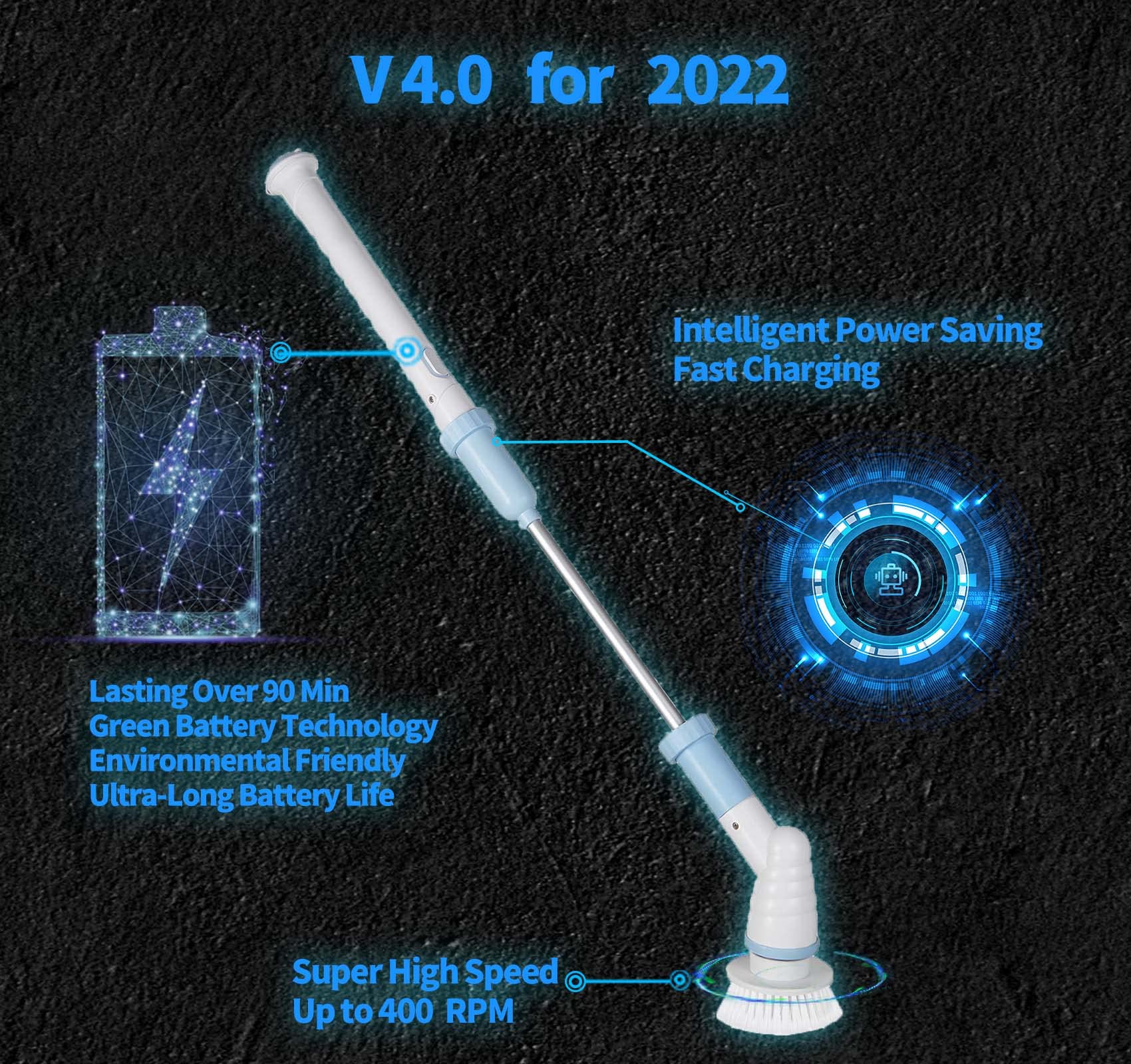 Electric Spin Scrubber Brush - Cordless Power Scrubber with 3 Replaceable Heads, Adjustable Extension Handle for Bathroom, Shower, Tile & Tub Cleaning - Blue & White - Perfect for Deep Cleaning Grout, Sinks & Hard-to-Reach Areas