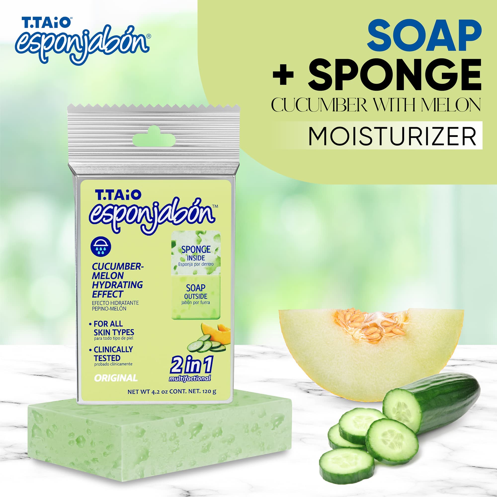 T.Taio Exfoliating Soap Sponge - Deep Cleansing Shower Scrubber for Body & Face - Oil Removal Bath Wash Scrub with Massage Bristles - Cucumber Melon Scented - Perfect for Foot, Elbow & Back Exfoliation - Bathroom & Shower Accessories for Spa-Like Experience at Home