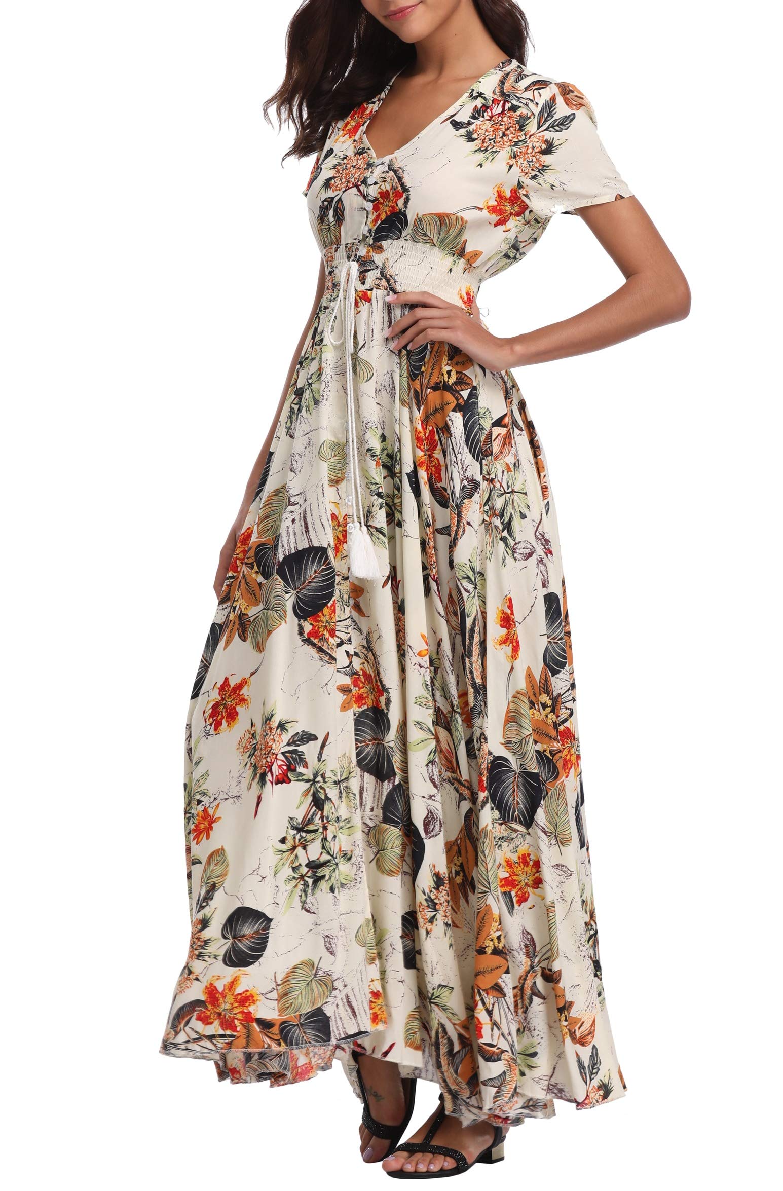 Women's Floral Maxi Dresses - Casual Long Summer Boho Beach Dress with Short Sleeve & Button Up Split | Perfect for Beach Vacations, Garden Parties & Summer Outings