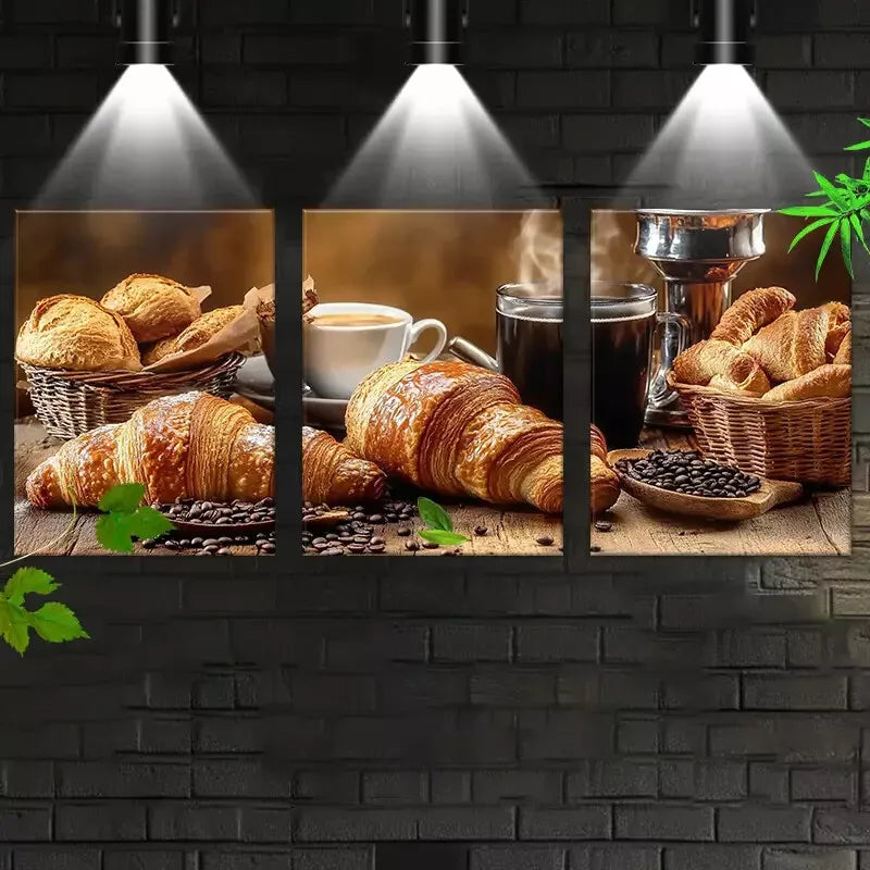 3-Piece Delicious Fashionable Coffee and Croissant Art Set - 50x70cm Framed Canvas Wall Decor | High Quality Print | 100% Australian Made | Ready to Hang | Perfect for Kitchen, Cafe & Dining Room Decor