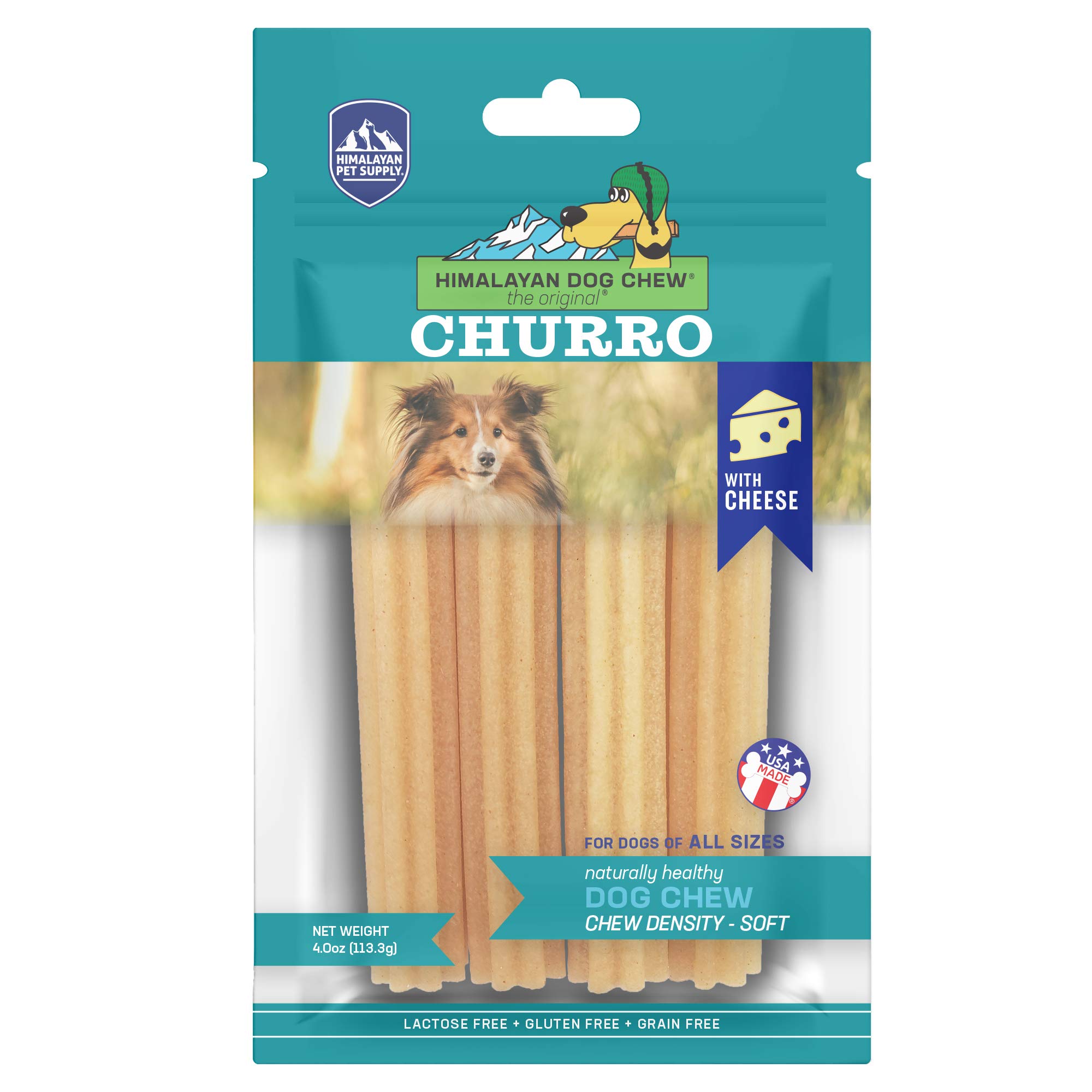 Yaky CHURRO Himalaya Cheese Dog Treats - Lactose Free, Gluten Free, Grain Free, Made in USA - All Natural Chews for Small, Medium & Large Breeds - 4 Cheese Flavored CHURROs per Pouch - Perfect for Training Rewards & Dental Health