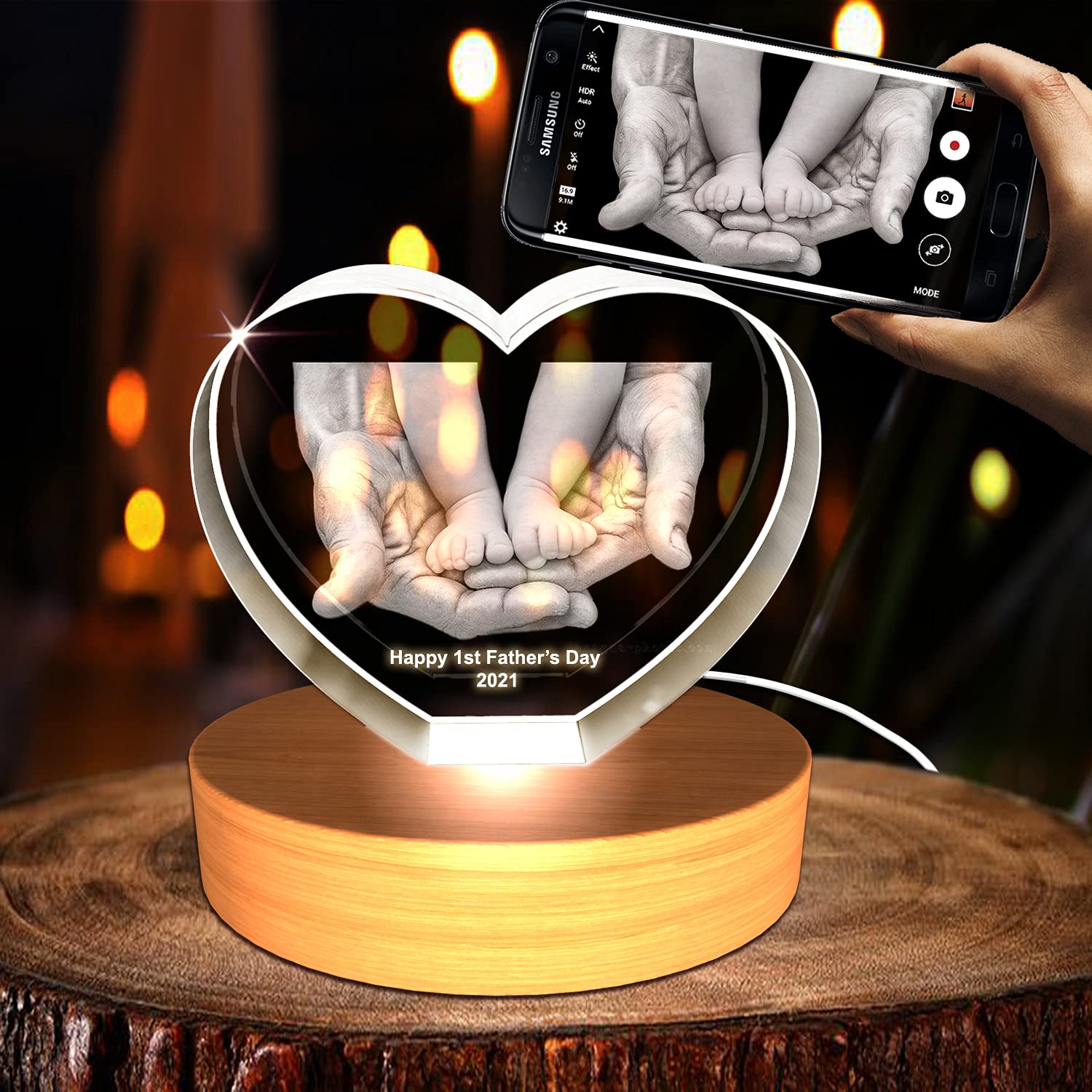 Personalized Father's Day 3D Engraved Crystal Photo Gift with Small Heart - Customized Keepsake for Dad's Birthday, Anniversary & Special Occasions - Perfect Home & Office Desk Decor