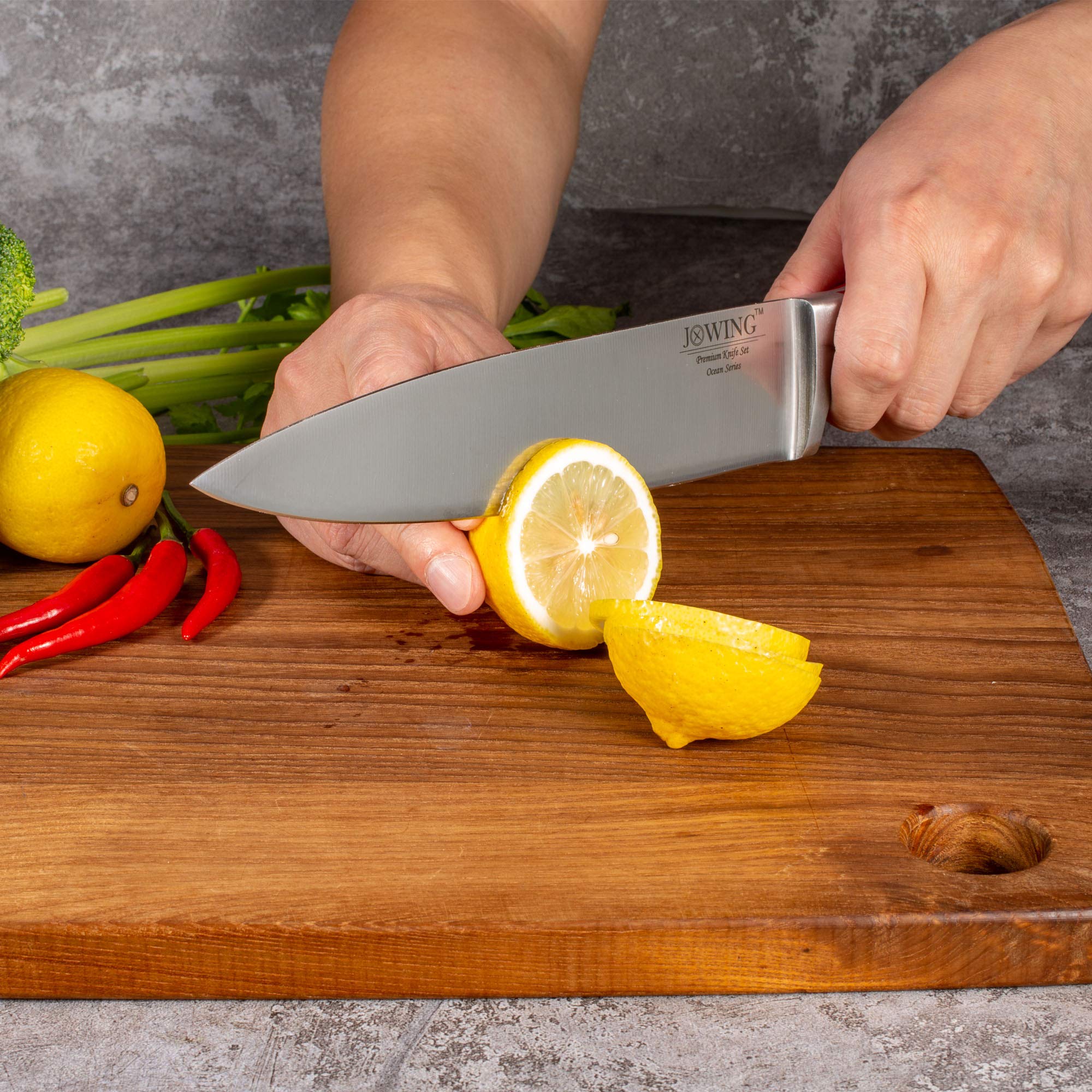 Premium 15-Piece German High Carbon Stainless Steel Kitchen Knife Set - Ocean Series Forged Full Tang Chef Knives with Rubber Wood Block (Red) - Perfect for Professional Chefs & Home Cooking