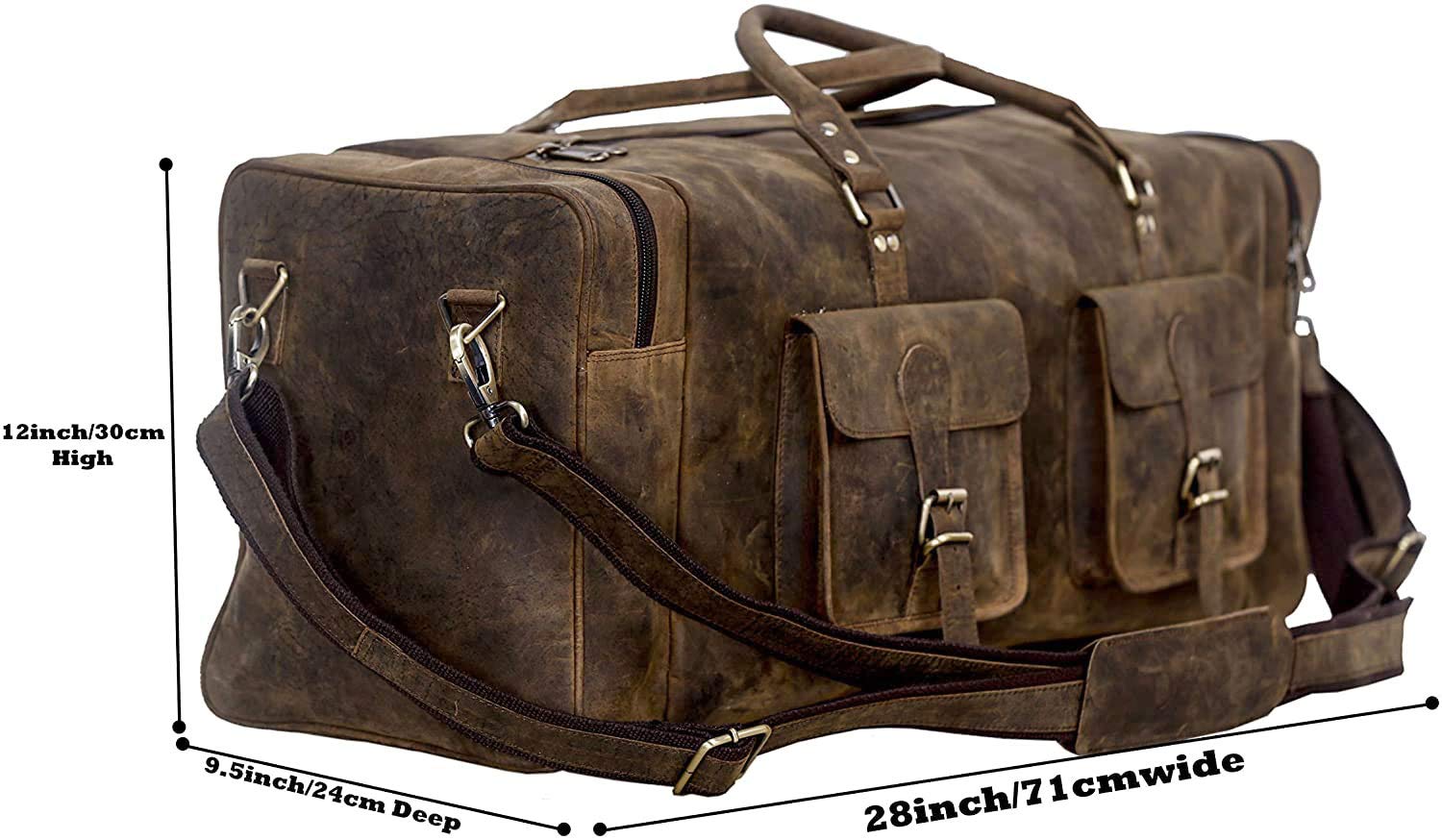 KomalC 28 Inch Distressed Brown Leather Duffle Bag - Large Travel Gym Sports Overnight Weekender Carry On Bag for Men & Women - Perfect for Gym, Sports, Travel & Cabin Luggage
