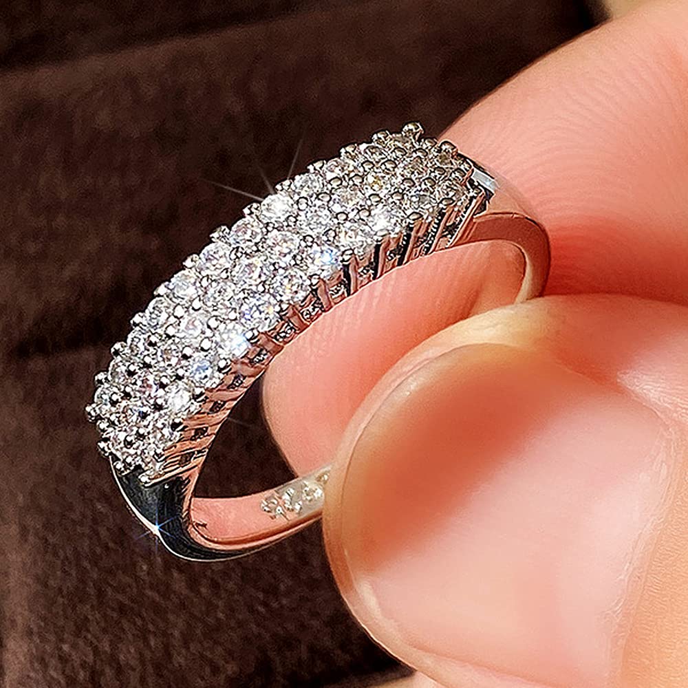 925 Sterling Silver Shiny Full Diamond Gemstone Ring - Cubic Zirconia CZ Multi Row Eternity Band - Wedding Engagement Ring for Women Size 6 - Perfect for Anniversaries, Proposals & Special Occasions