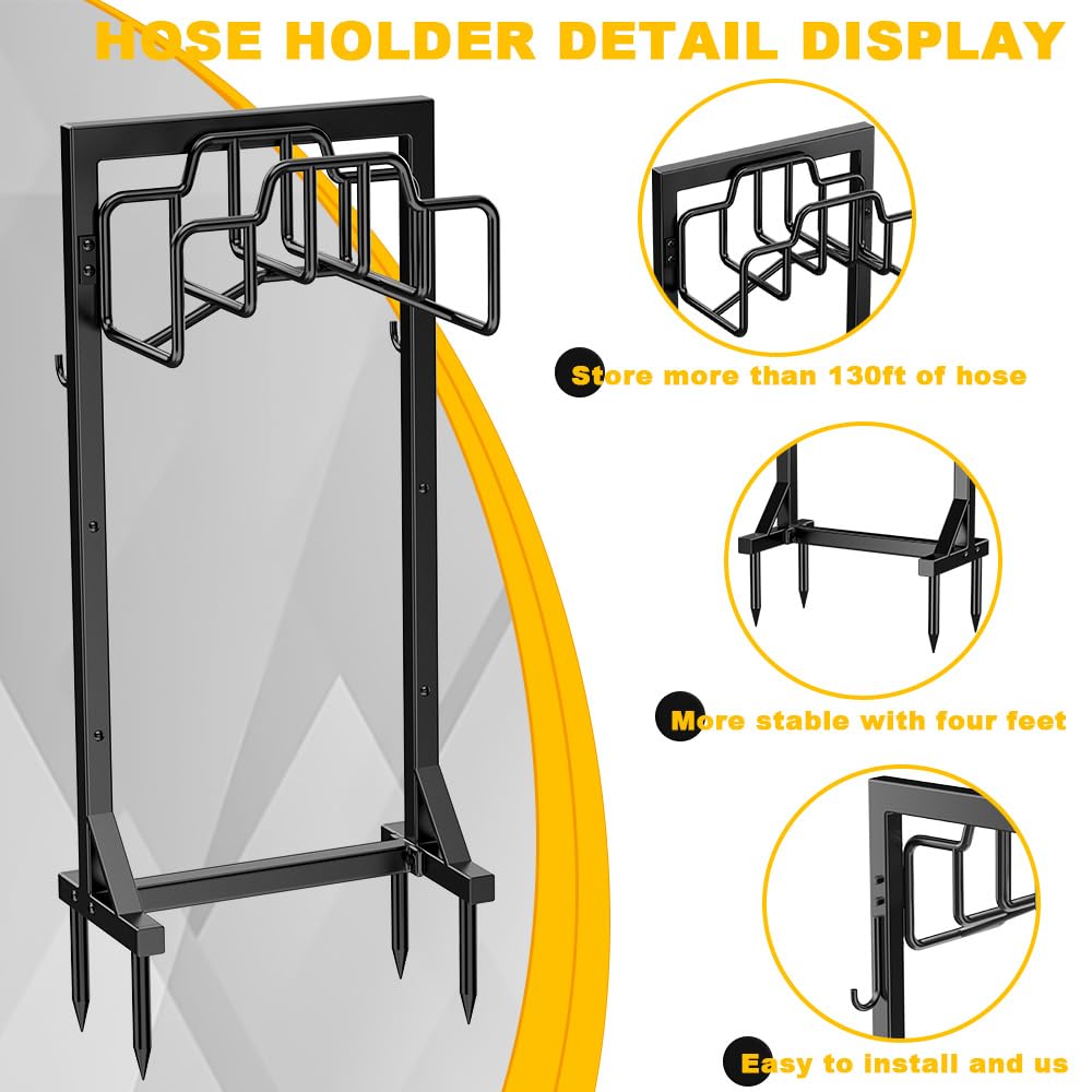 Heavy Duty Free Standing Metal Garden Hose Reel Holder - Detachable Black Hose Hanger Organizer for Outdoor Watering, Lawn Care & Yard Maintenance