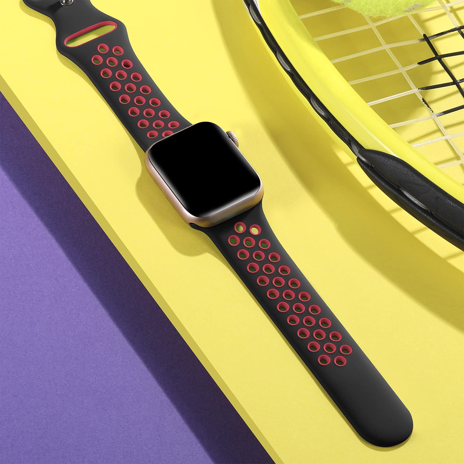 Lerobo Soft Silicone Sport Band Compatible with Apple Watch Ultra 49mm, Series 9/8/7/6/5/4/3/2/1, SE & Series 10 - Breathable & Durable Strap for Women & Men (Black, Red) - Perfect for Running, Gym & Daily Wear