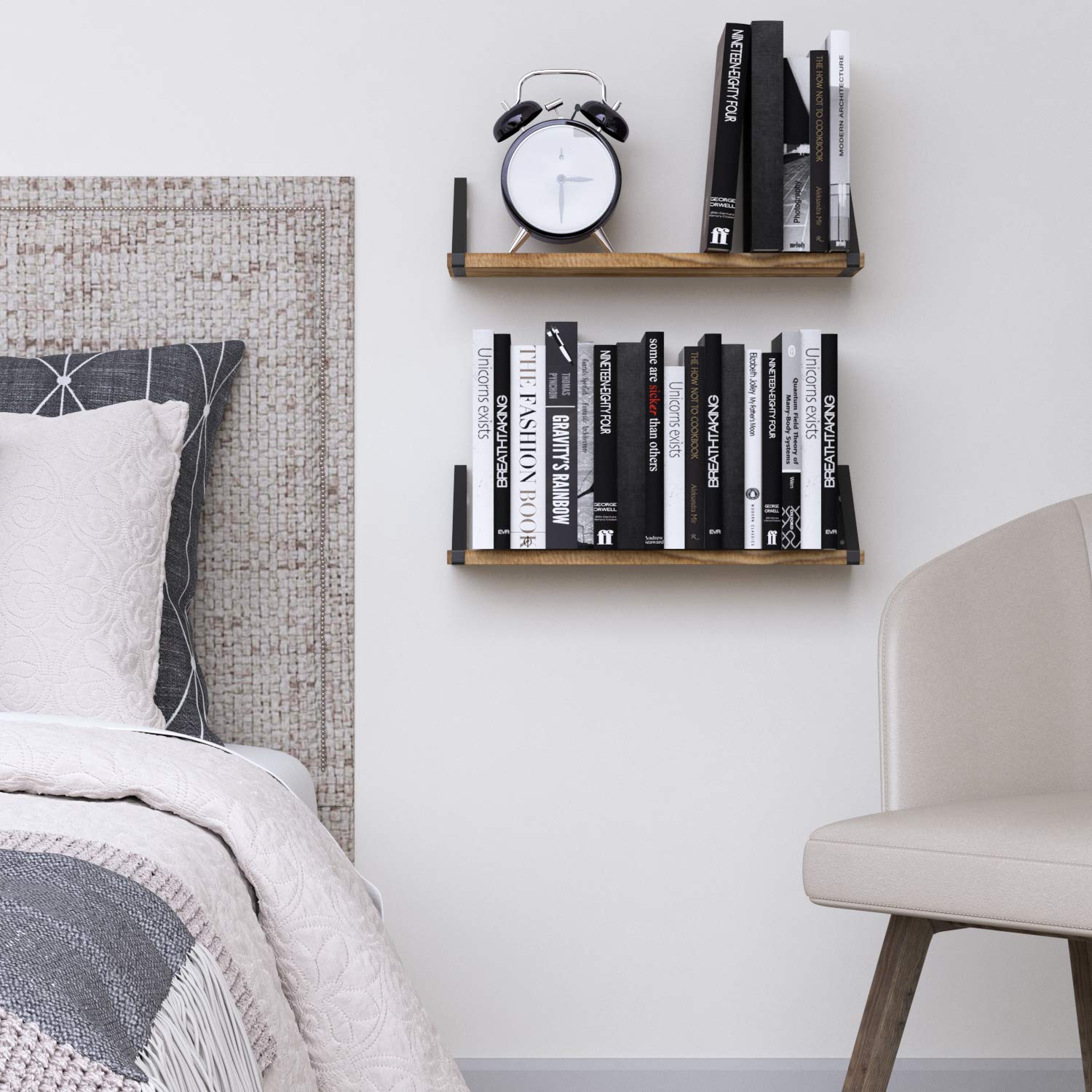 Wallniture Floating Shelves Set of 2 - Rustic Wood Wall Mount Shelves with Black Brackets for Bathroom, Bedroom, Kitchen & Laundry Room Storage | Perfect for Home Decor & Organization | Ideal for Displaying Plants, Books & Decorative Items