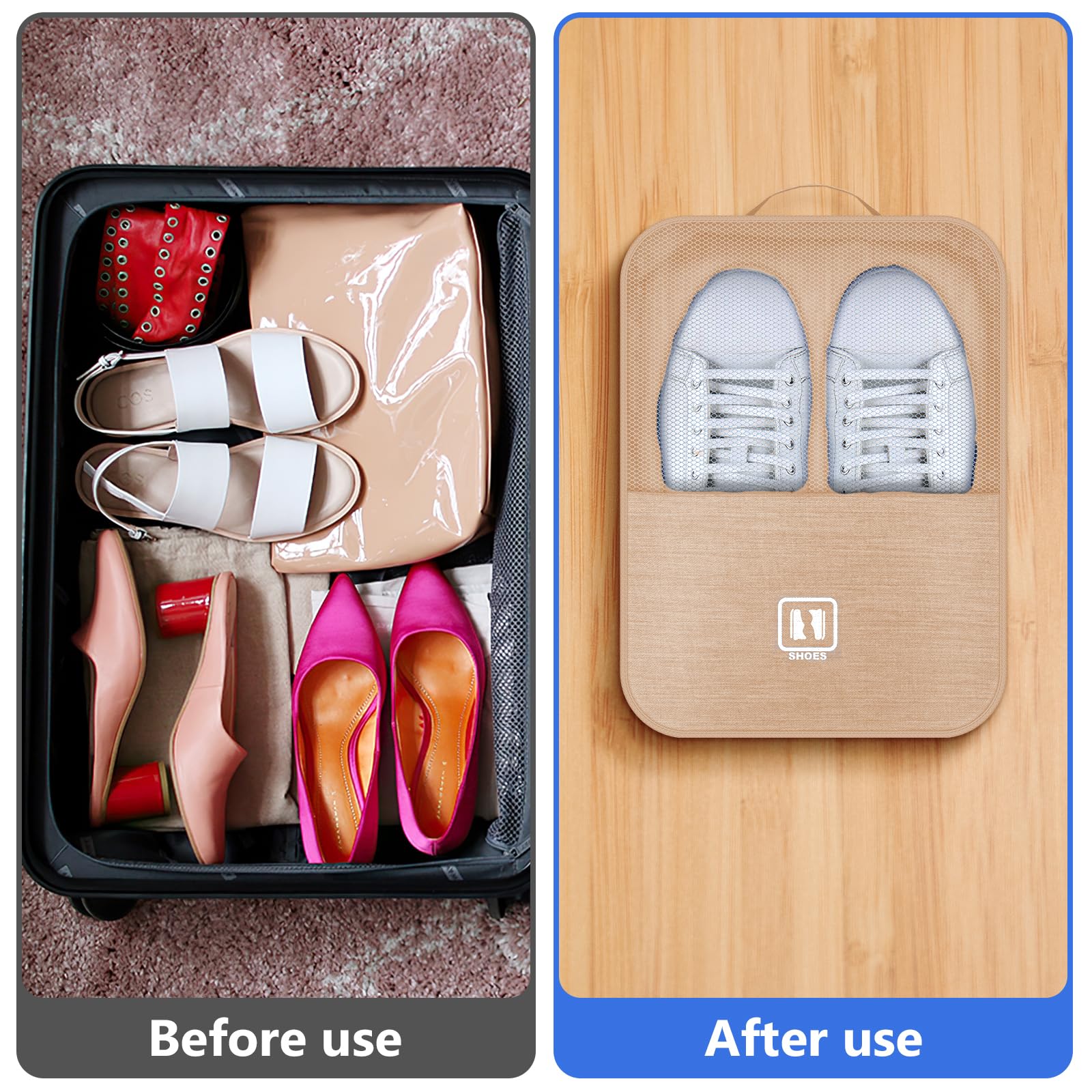 Waterproof Travel Shoe Organizer Bag - Holds 3 Pairs of Shoes for Men & Women, Compact Sneaker Storage for Luggage (Coffee, Medium) - Perfect for Vacations, Gym Trips & Business Travel