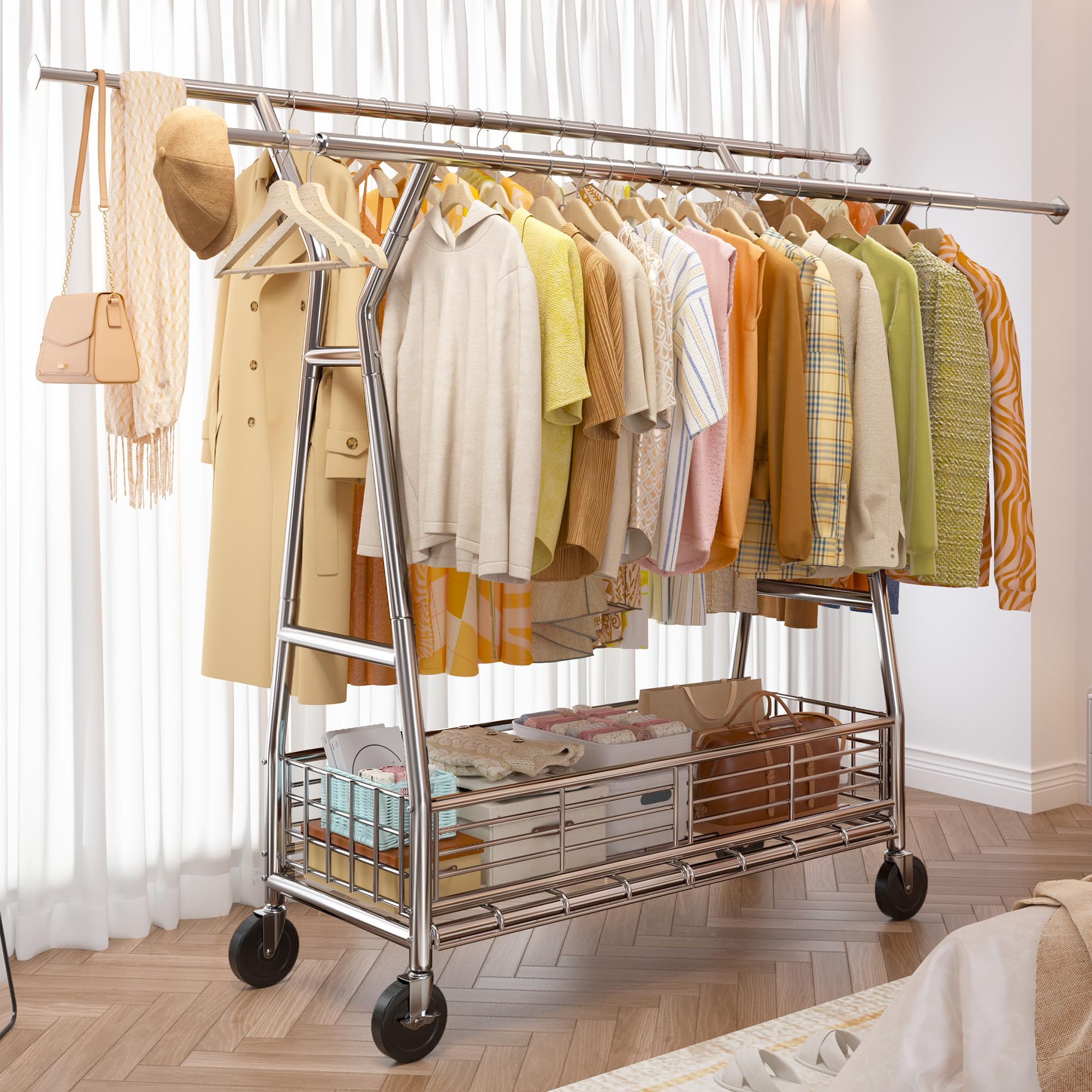 Raybee Heavy Duty Clothes Rack - 600LBS Capacity Commercial Garment Rack with Sturdy Wheels, Adjustable Shelves & Double Rods | Portable Clothing Rack for Retail Stores, Boutiques, Home Closet Organization & Laundry Room Storage