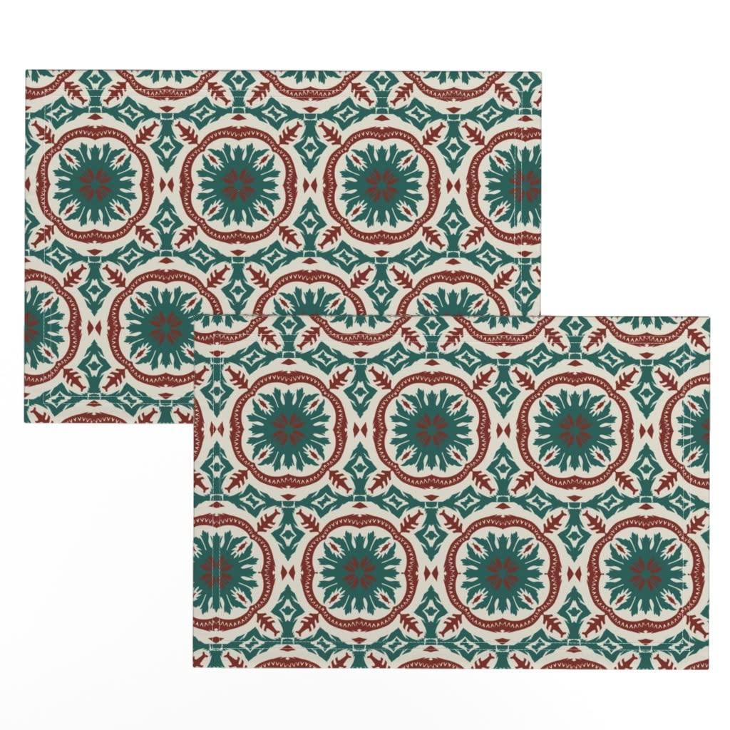 Premium Linen Cotton Canvas Placemats Set of 2 - Geometric Bohemian Spanish Madeira Sun Print Table Mats for Dining, Kitchen & Home Decor | Washable & Durable Place Settings