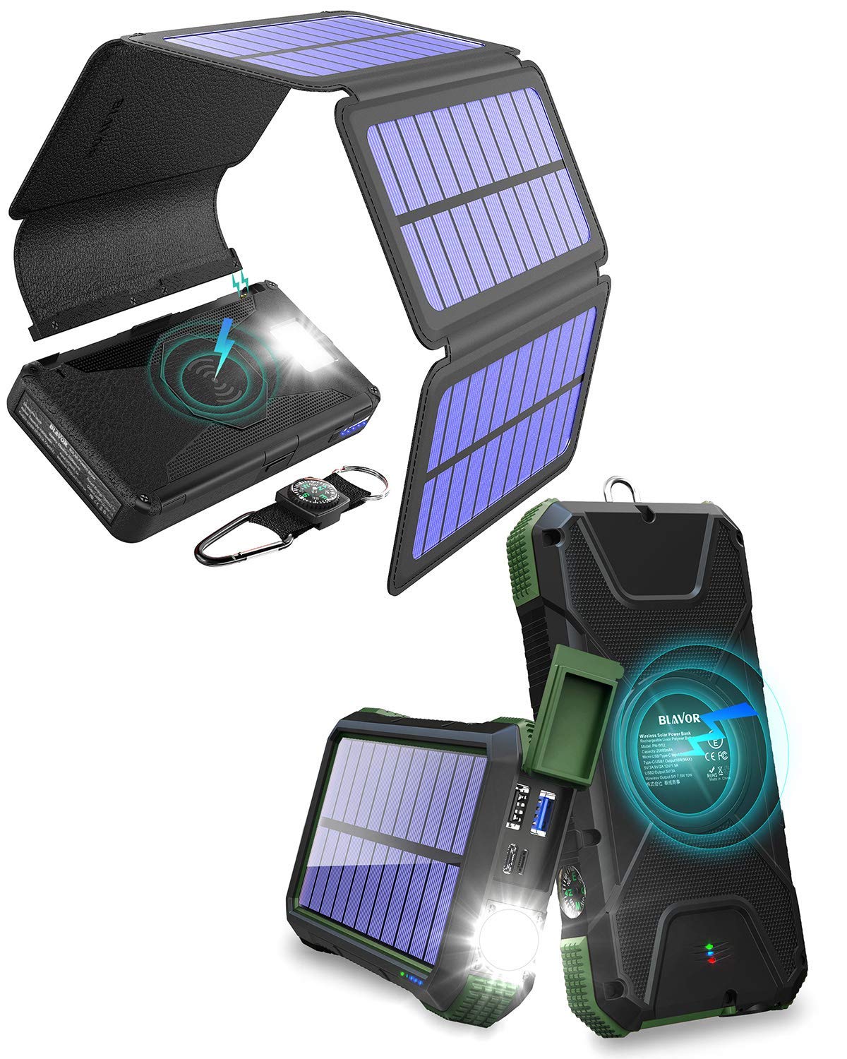 20,000mAh Solar Power Bank with Wireless Charging & Detachable Solar Panels - Portable PD Fast Charger for iPhone, Android Phones - Perfect for Camping, Hiking & Emergency Power Backup (Black/Dark Green)