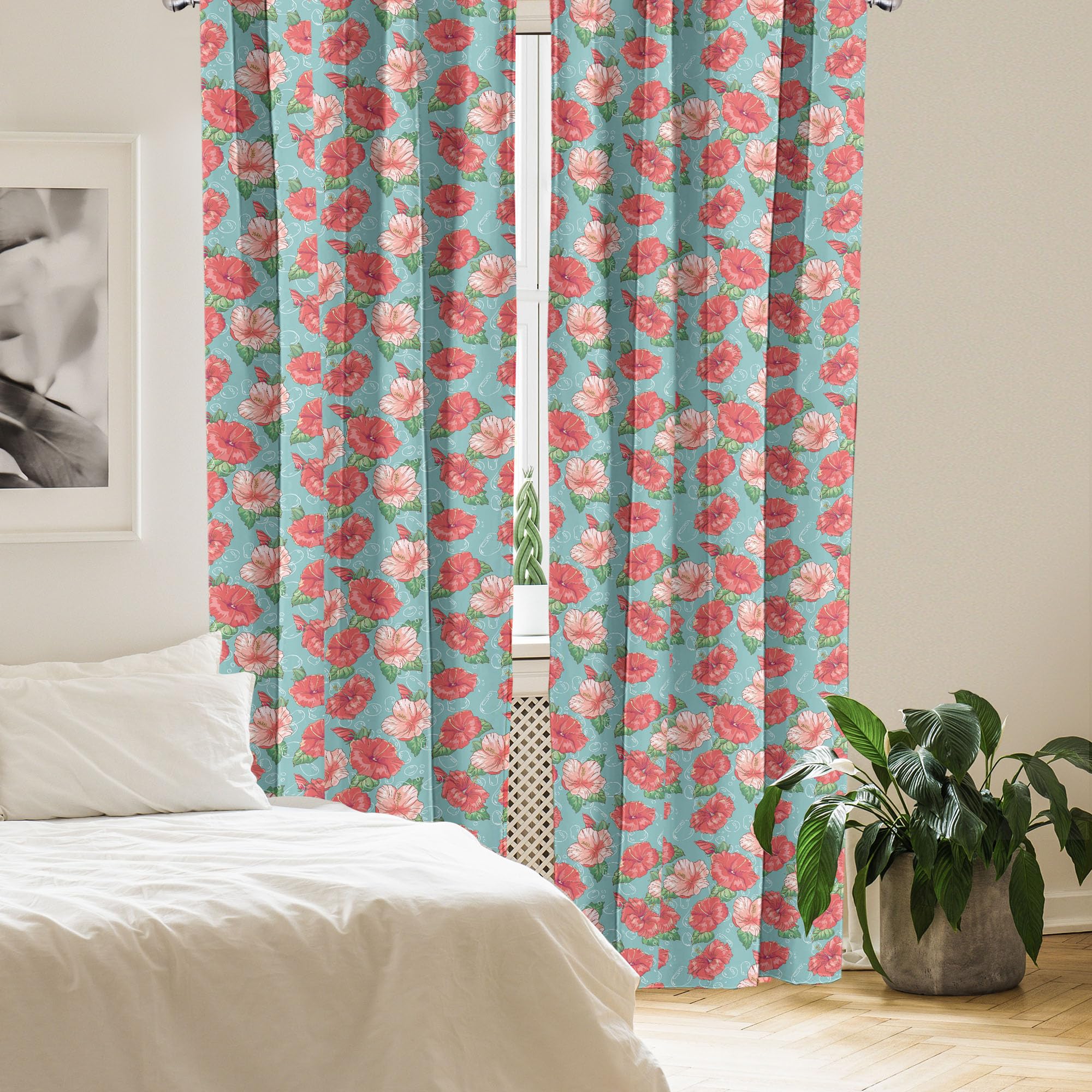 Ambesonne Hibiscus Curtains - Tropical Flowers & Bubbles Print Window Panels for Living Room & Bedroom Decor, 56