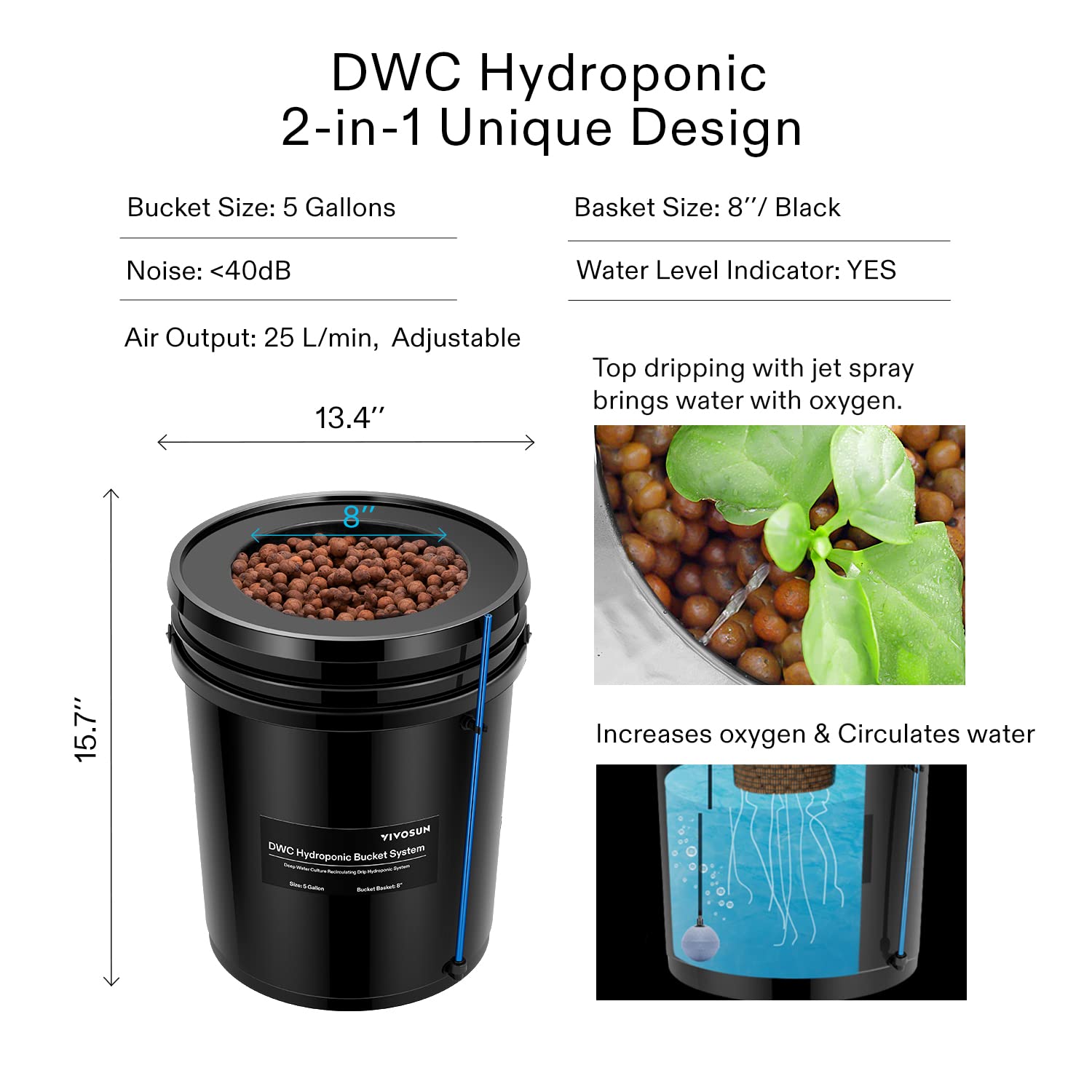 VIVOSUN 5-Gallon DWC Hydroponics Grow System with Top Drip Kit - Deep Water Culture Recirculating Garden System, Includes Air Pump, Hose & Stone (4 Buckets) - Ideal for Indoor Herb, Vegetable & Flower Growing