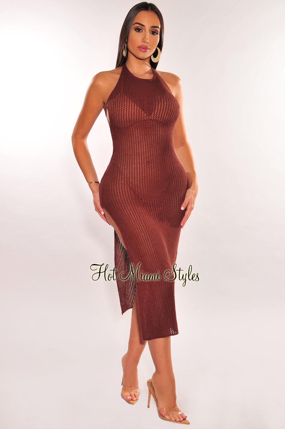 Sexy Chocolate Brown Crochet Halter Tie-Up Back Slit Cover Up Dress - Perfect for Beach, Pool Party & Summer Vacation