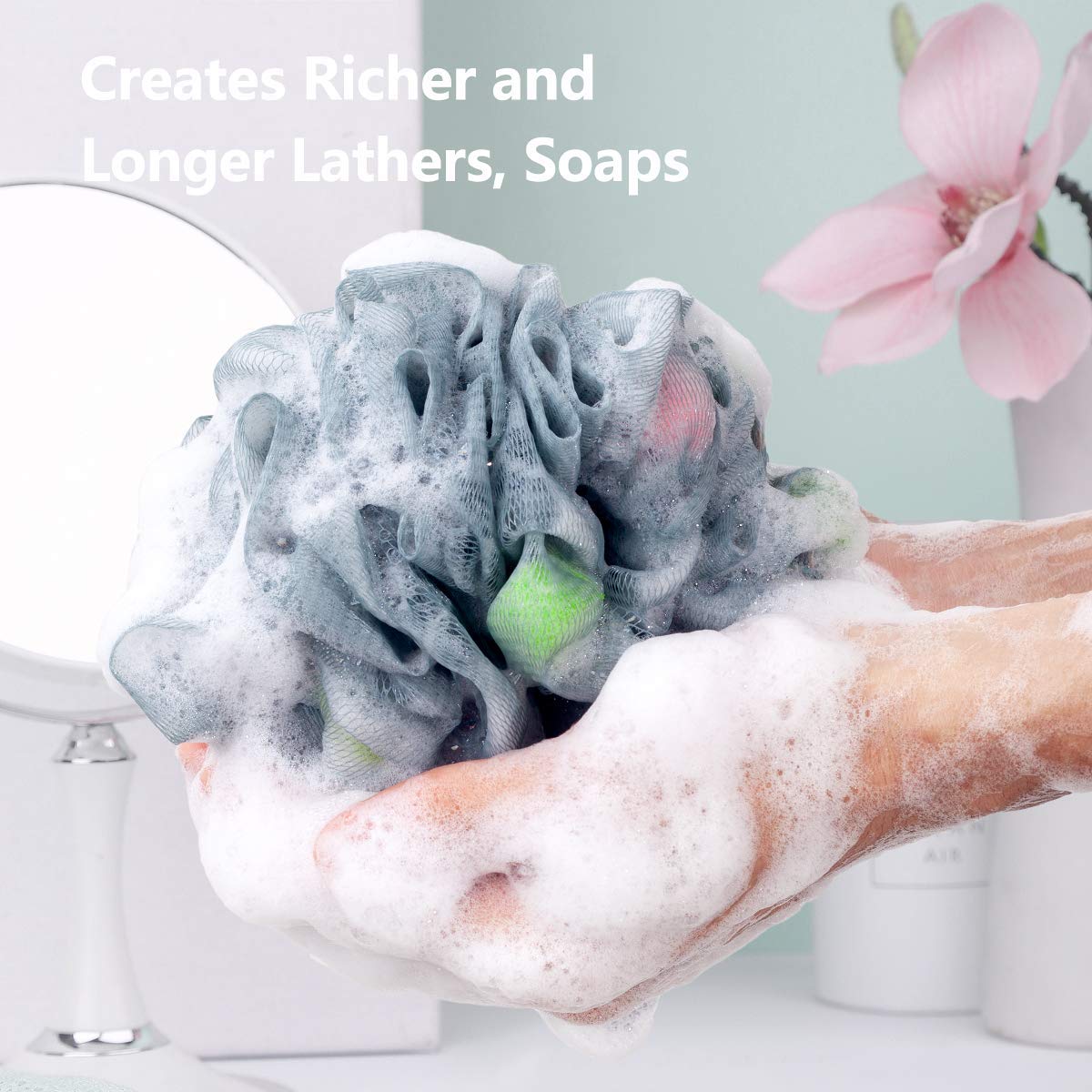 Exfoliating Loofah Bath Sponge with Soft Mesh Puffs - 2 Pack Colorful Shower Sponge Balls for Gentle Skin Cleansing & Body Scrub - Perfect for Shower, Bath, Spa & Gift Giving