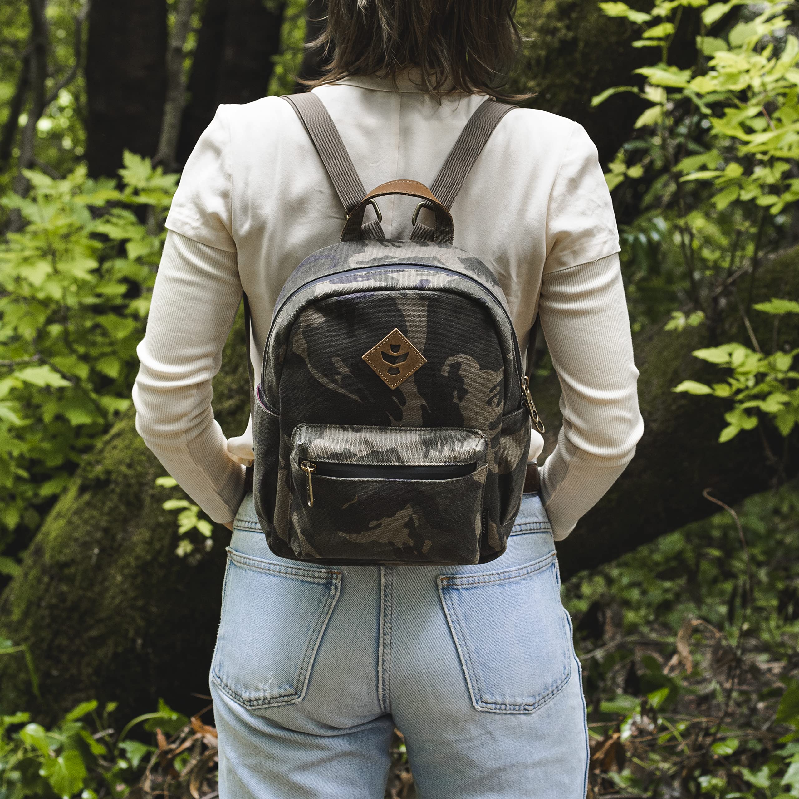 Revelry Smell Proof Lockable Water-Resistant Small Backpack with Carbon Filter System - 7.4L Capacity for Travel, Hiking & Outdoor Activities (Camo Brown)