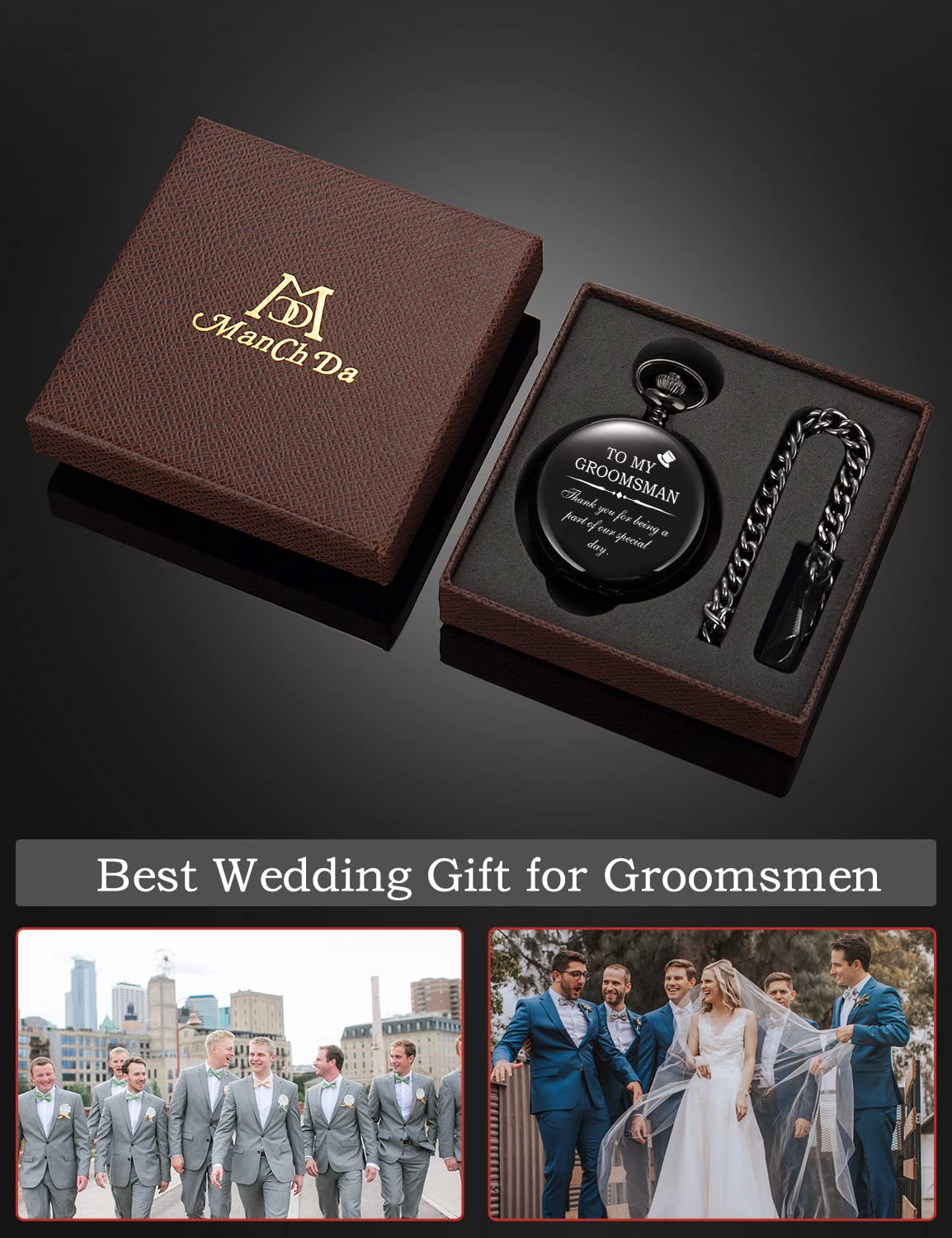 ManChDa Engraved Pocket Watch for Men - Premium Groomsmen Gift Set, Bestman Wedding Accessories - Perfect for Groomsman, Best Man & Wedding Party Gifts