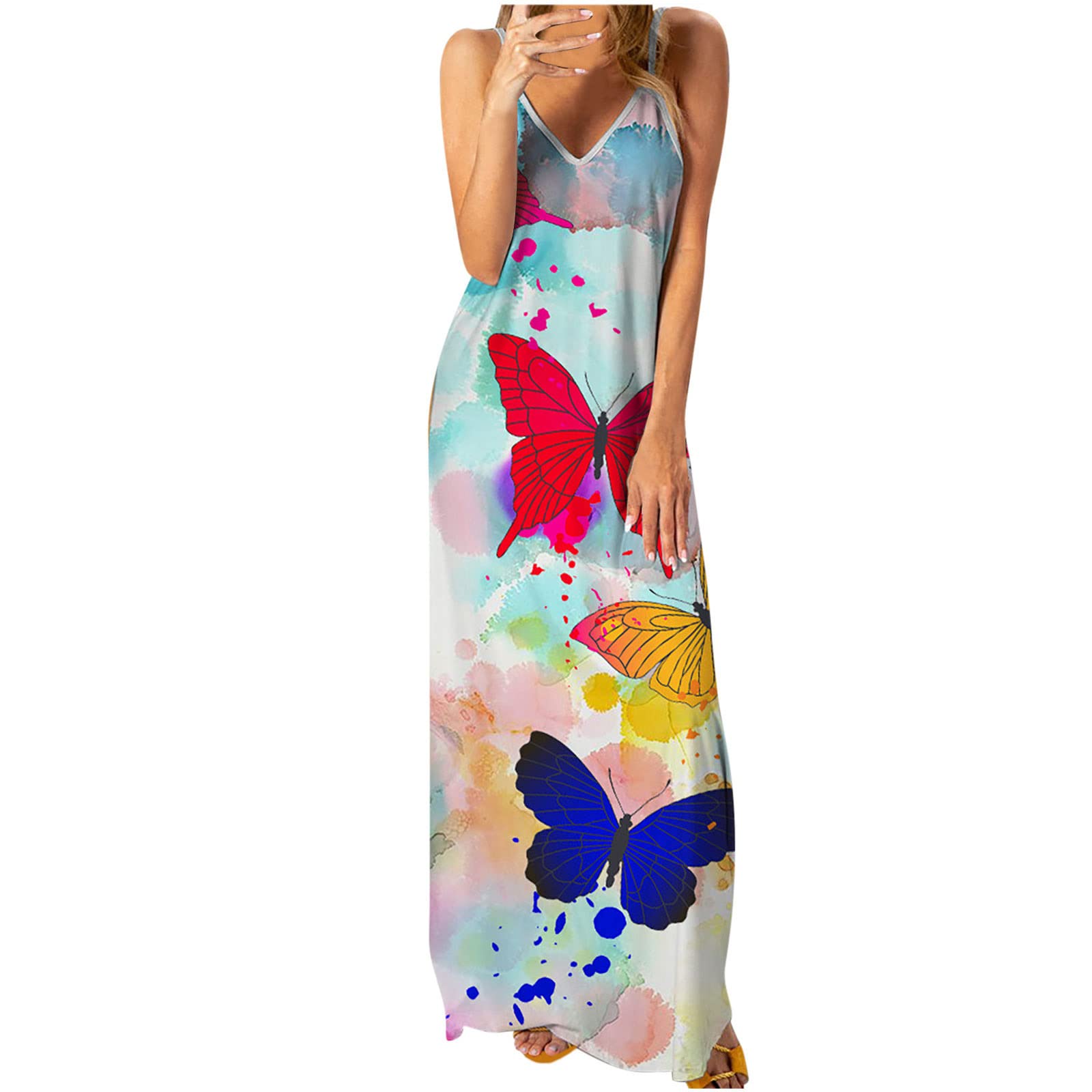 Women's Summer Sundresses 2022 - Sleeveless V-Neck Bohemian Floral Print Beach Dress with Butterfly Design | Perfect for Vacations, Pool Parties & Casual Outings