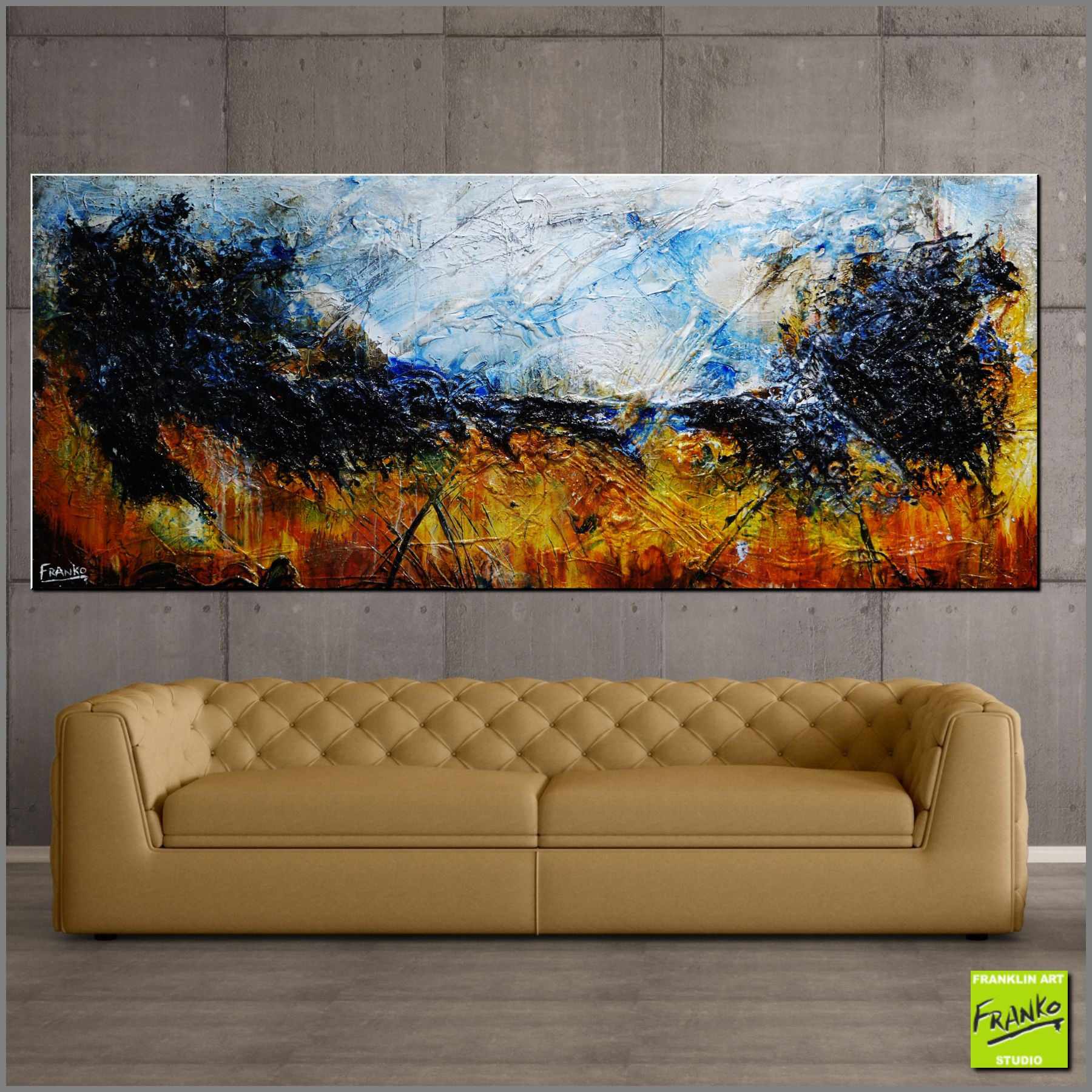 Blue Sienna 240cm x 100cm Abstract Textured Painting - Modern Black & Blue Wall Art for Living Room, Bedroom & Office Decor