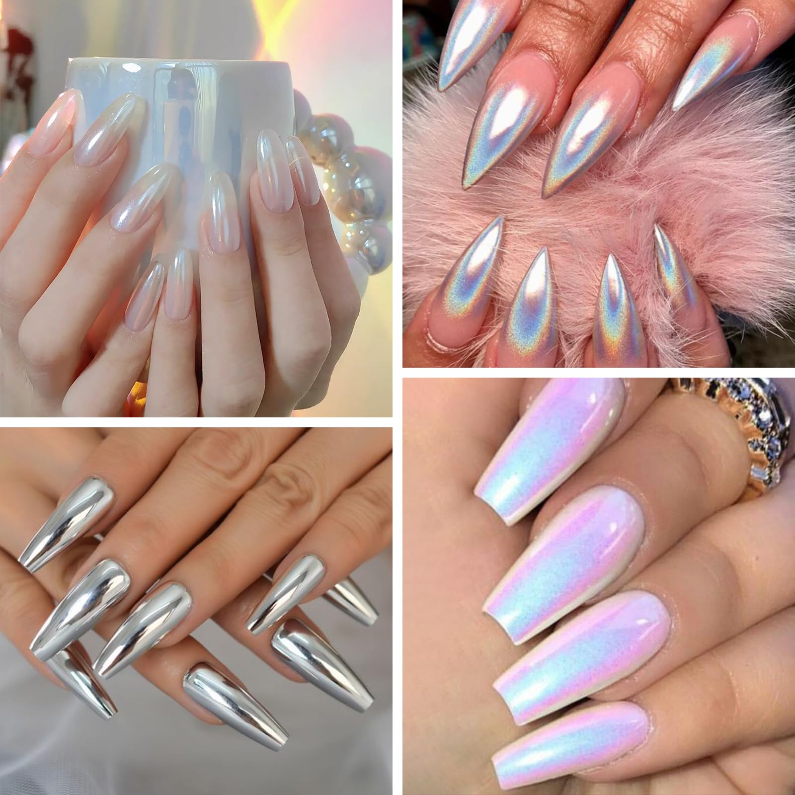 Pearl White Chrome Nail Powder for Women - Aurora Mermaid Iridescent & Holographic Rainbow Nail Glitter - Mirror Effect Metallic Manicure Powder for Nail Art, Salon & DIY Home Nail Designs
