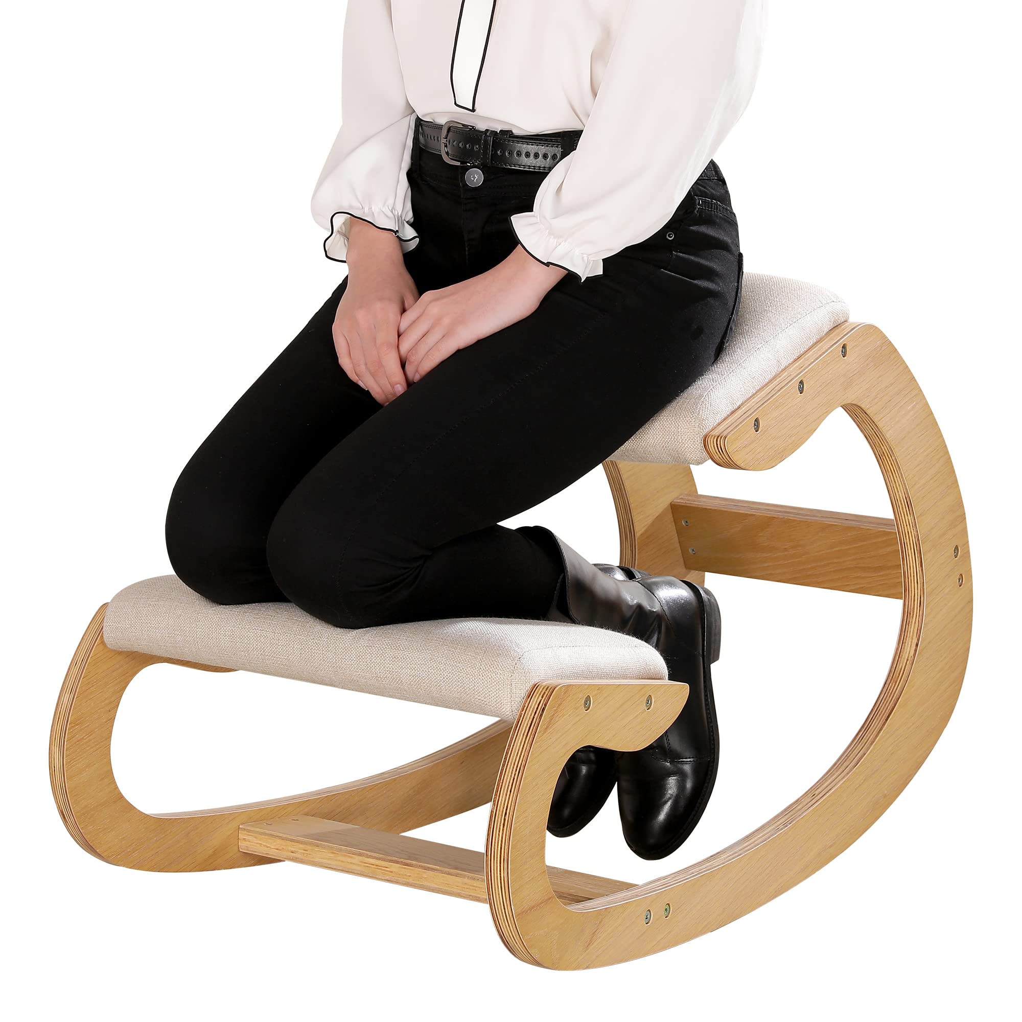 Ergonomic Kneeling Chair for Home Office - Adjustable Rocking Stool with Wooden Frame & Linen Cushion - Posture Corrector for Back & Neck Pain Relief - Meditation Chair (White Oak) - Perfect for Work, Study & Yoga Sessions