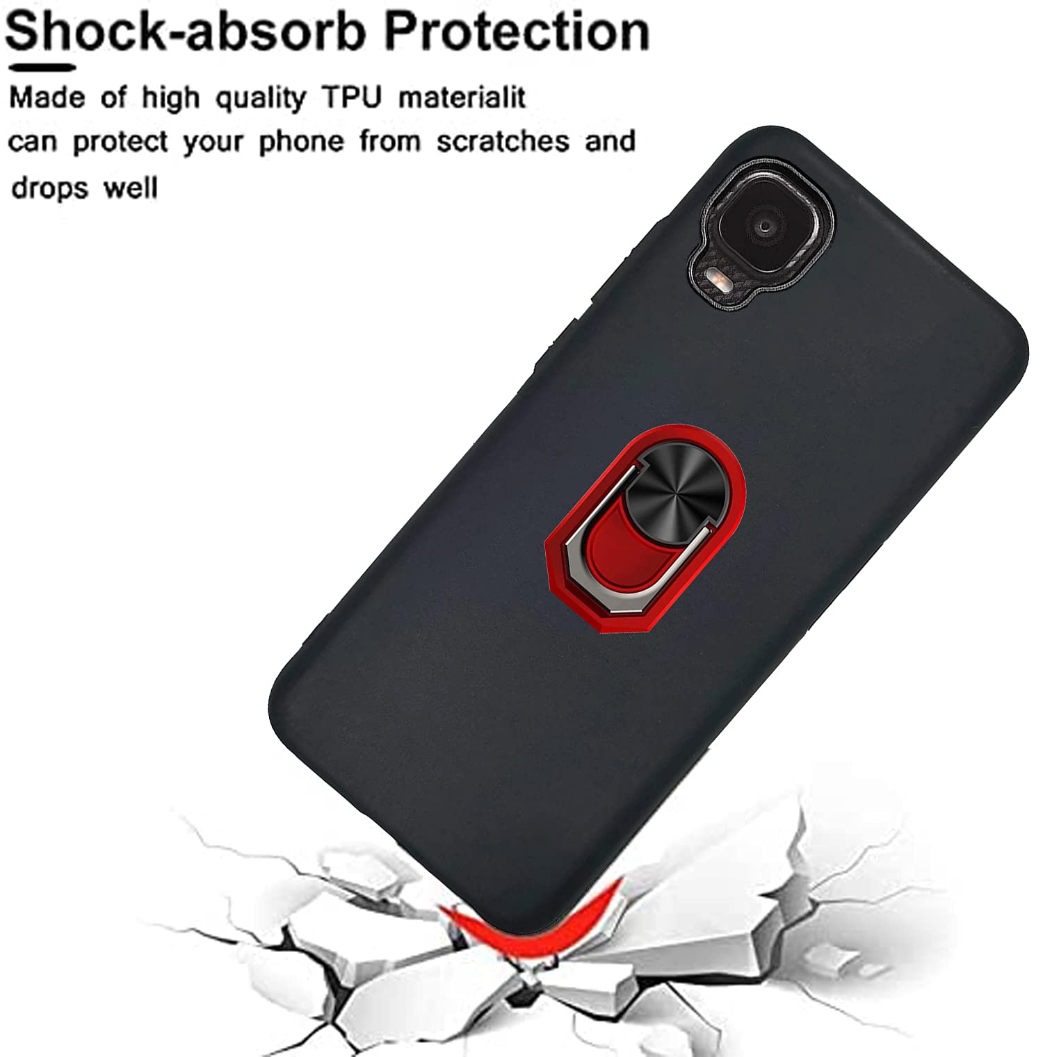 Premium 2-Pack Tempered Glass Screen Protector & Full-Body Shockproof Case with Kickstand & 360 Ring Holder for Alcatel TCL A3/A509DL - Red | Perfect for Outdoor Activities, Work, and Everyday Protection