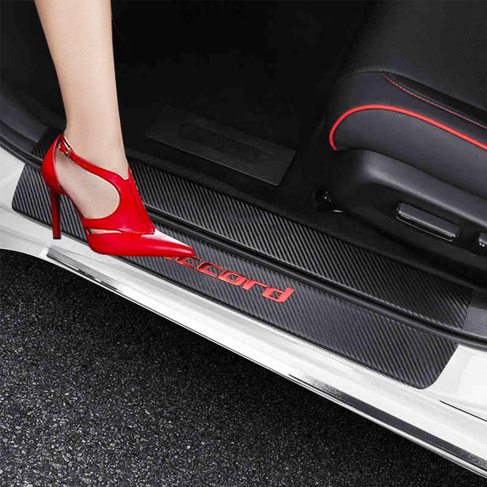 XITER Carbon Fiber Leather Car Door Sill Scuff Plate Guard for Honda Accord 2012-2024 - 4PCS Red Auto Accessories | Interior Protection & Style Upgrade for Sedan Cars