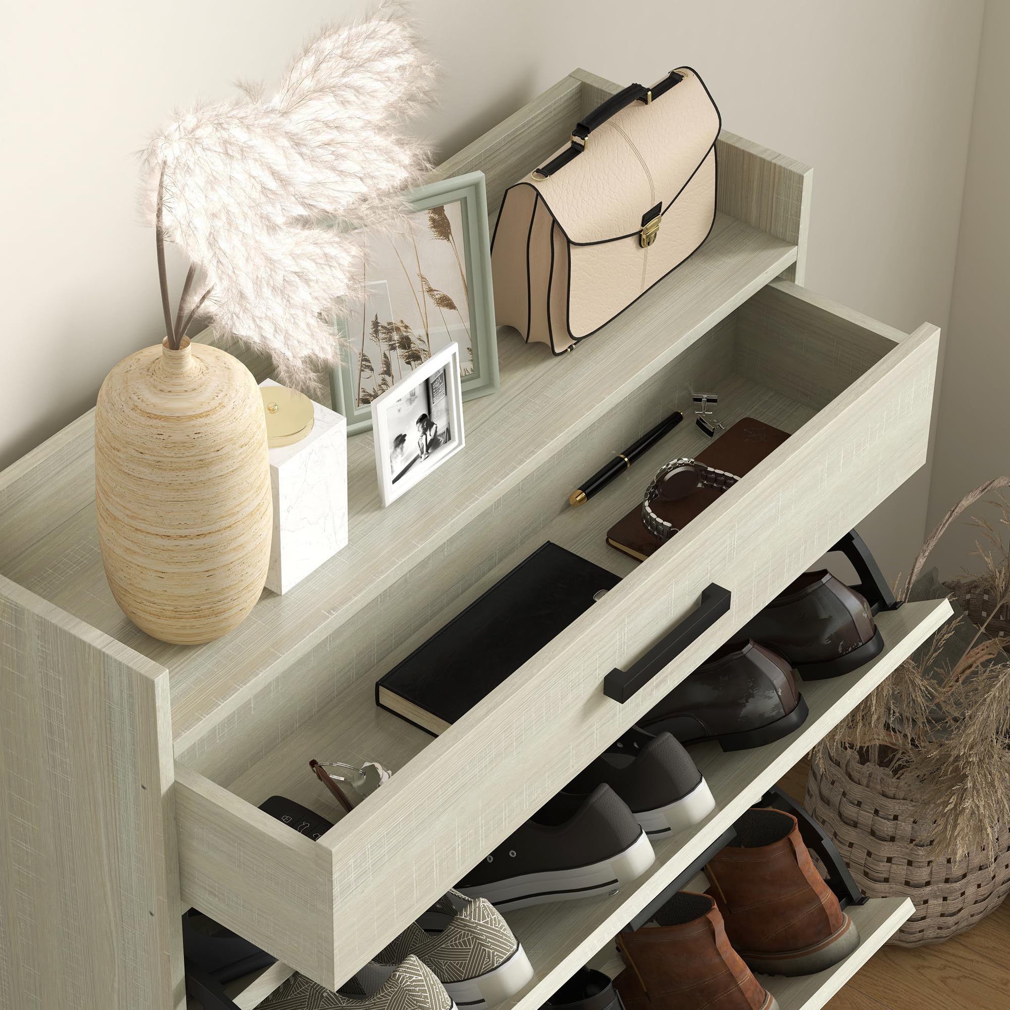 HOMCOM 12-Pair Narrow Shoe Storage Cabinet with 2 Flip Drawers, Adjustable Shelves & Top Drawer - Farmhouse Entryway Shoe Organizer in Distressed White for Hallway, Closet & Mudroom Organization