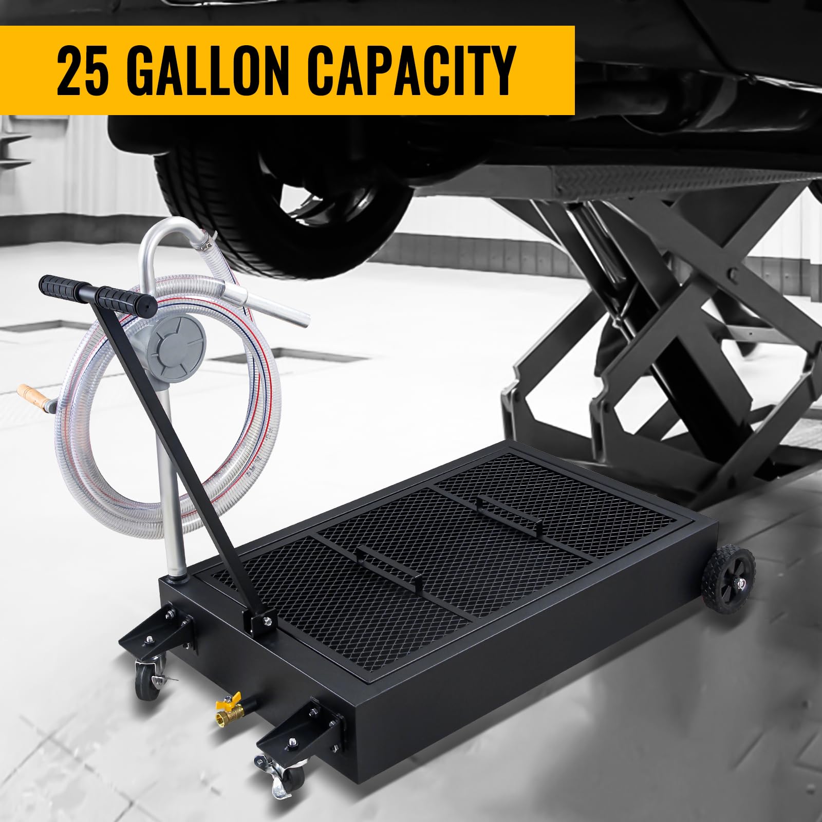 25 Gallon Low Profile Oil Drain Pan with Hand Pump, Hose & Swivel Casters - Large Capacity Oil Change Tank for Cars, SUVs, Trucks - Foldable Handle for Easy Storage - Perfect for DIY Garage Maintenance & Professional Auto Repair (Black)