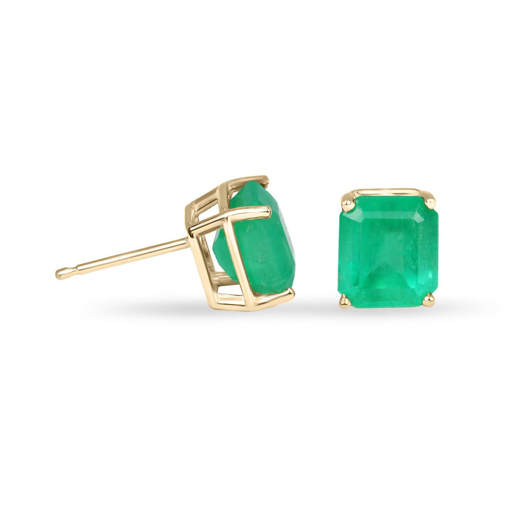 2.29tcw Emerald Cut Emerald Stud Earrings in 14K Yellow Gold - Elegant Four Prong Setting for Women, Perfect for Weddings, Parties & Special Occasions
