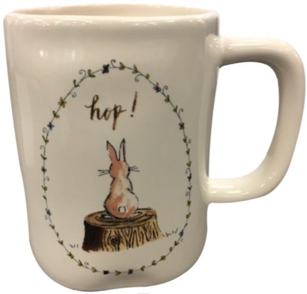 Rae Dunn Artisan Collection Easter Mug - Magenta HOP Bunny Rabbit on a Stump Design - Dishwasher Safe Ceramic Coffee Cup - Perfect for Easter Brunch, Gift Giving & Home Decor