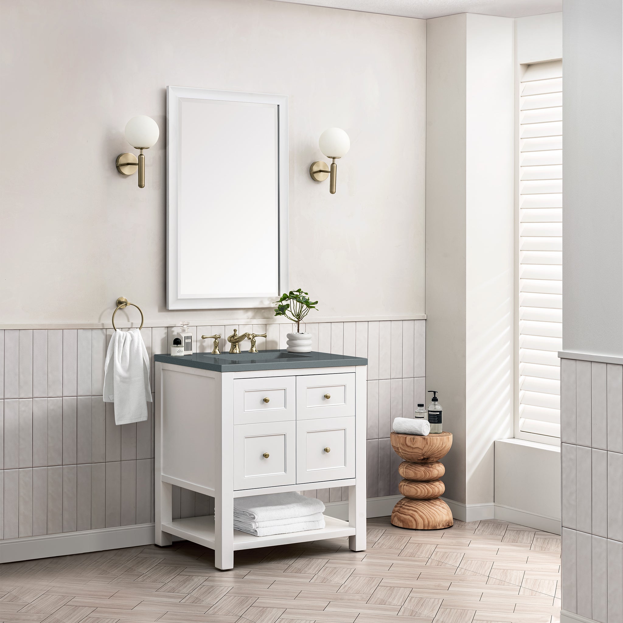 Breckenridge 30 Inch Single Bathroom Vanity Set in Bright White with 3CM Grey Expo Top - Perfect for Modern Home Bathroom Renovation and Upgrade