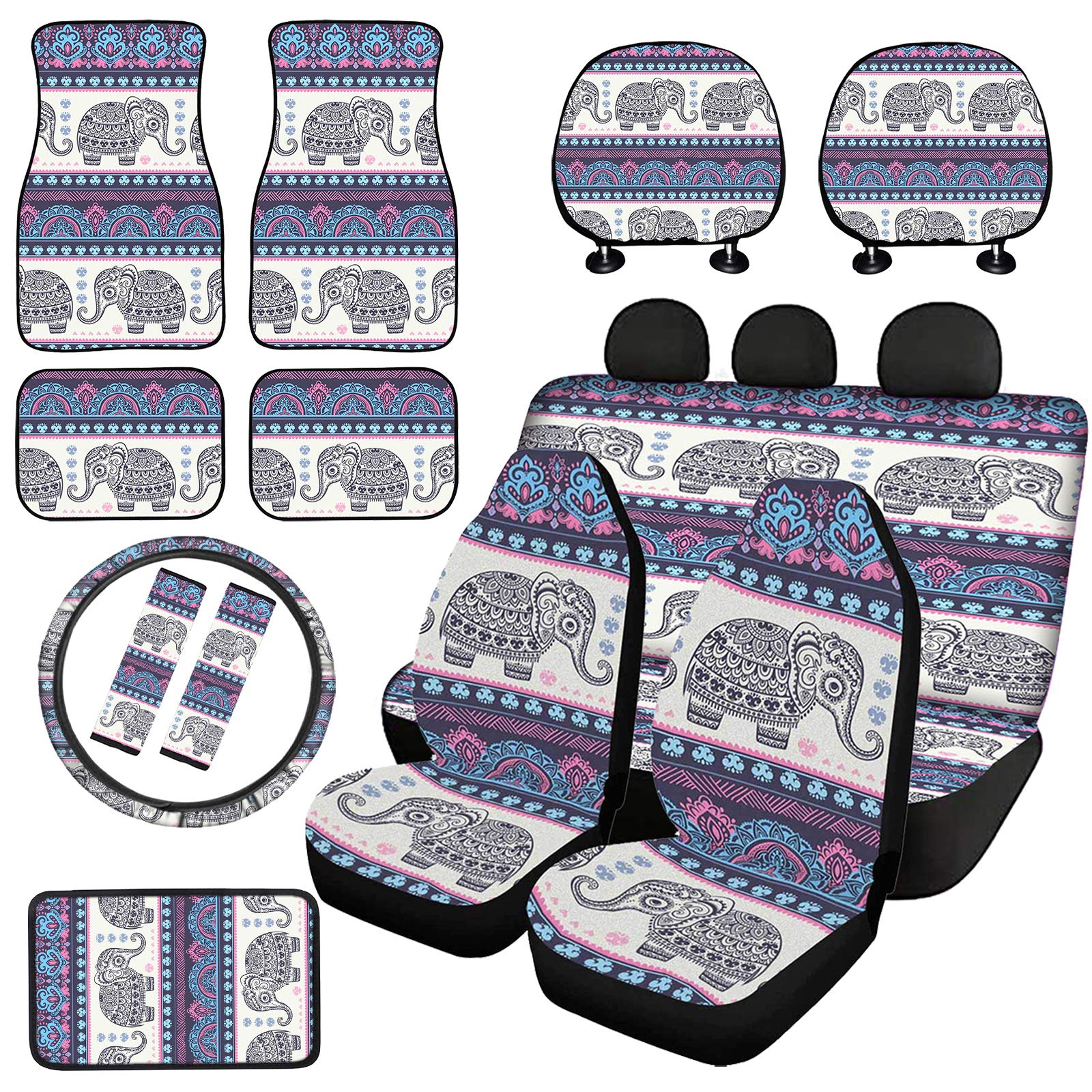 FKELYI Ethnic Tribal Elephant Car Seat Covers Set - Front Seat Cover, Rear Bench Cover, Headrest Covers, Steering Wheel Cover, Seatbelt Pads & Floor Mats for Cars, SUVs, Trucks - Boho Chic Interior Decor for Road Trips & Daily Commute