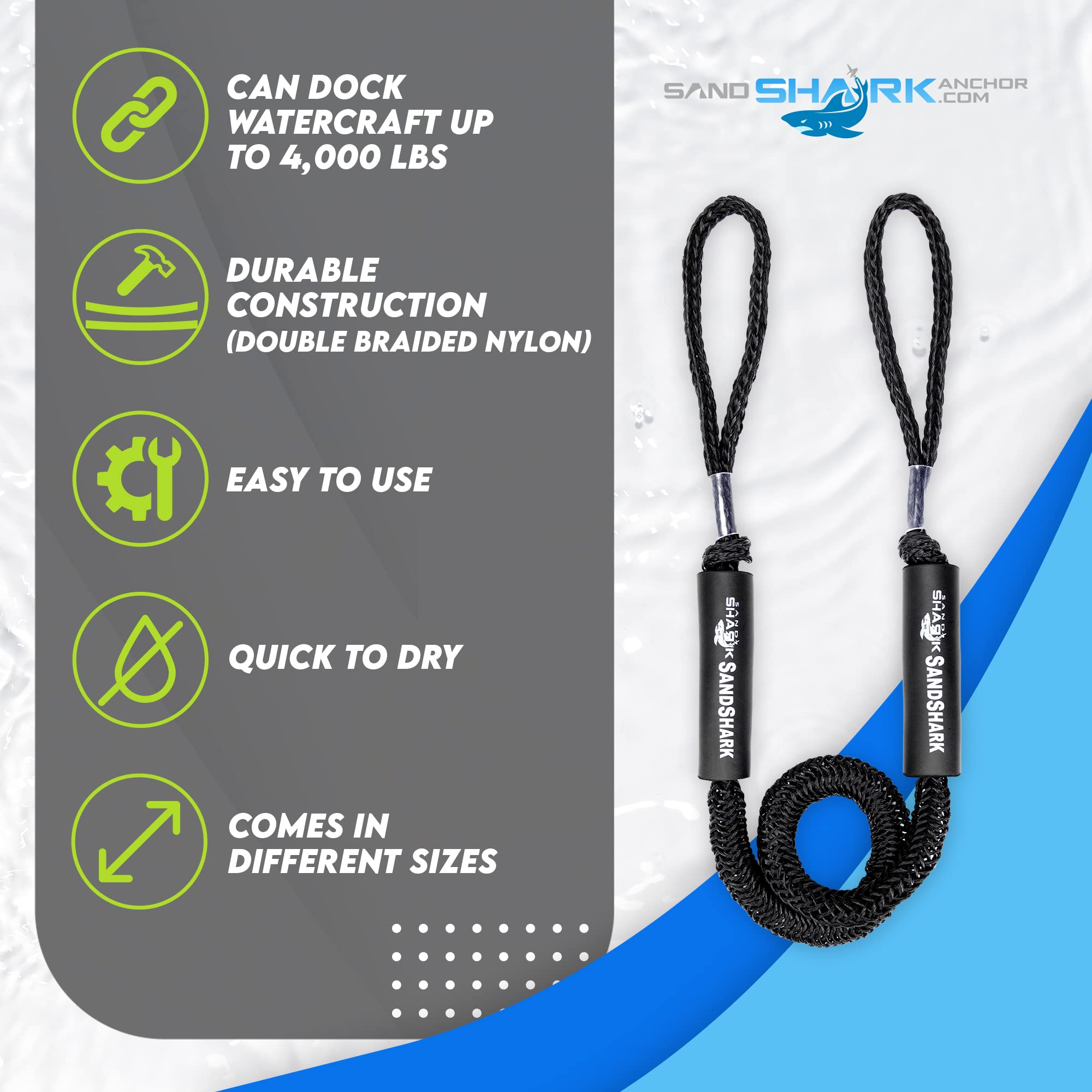 Premium SandShark Anchor Bungee Dock Line - Shock Absorbing Boat Accessory with Stainless Steel Clip (Black, 4-5.5ft) - Ideal for Secure Docking, Mooring & Anchoring in Rough Waters