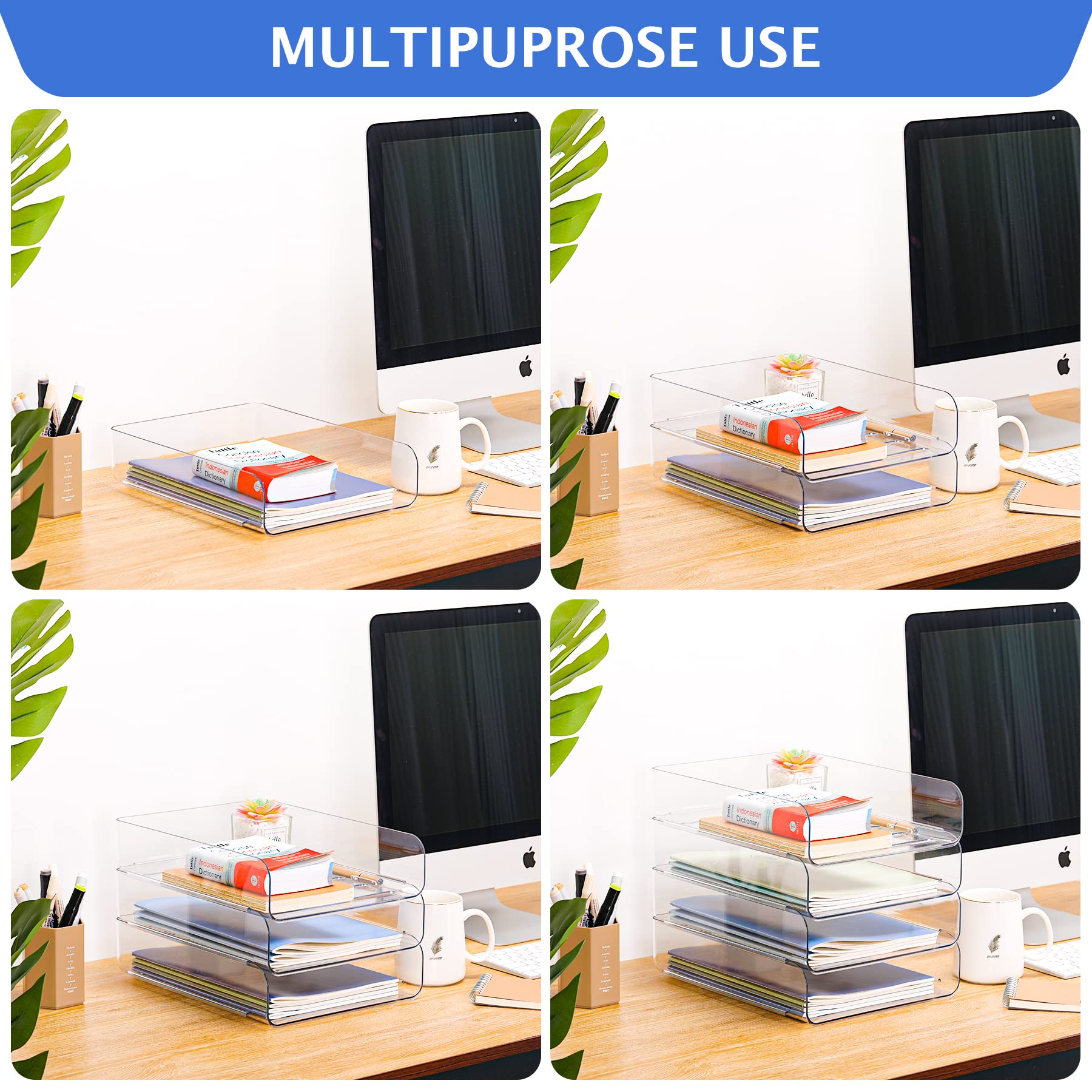 Set of 4 Clear PET Letter Tray Desk Organizer - Stackable Document & File Paper Organizer for Office Supplies | Perfect for Desk Organization, Mail Sorting & Paper Storage