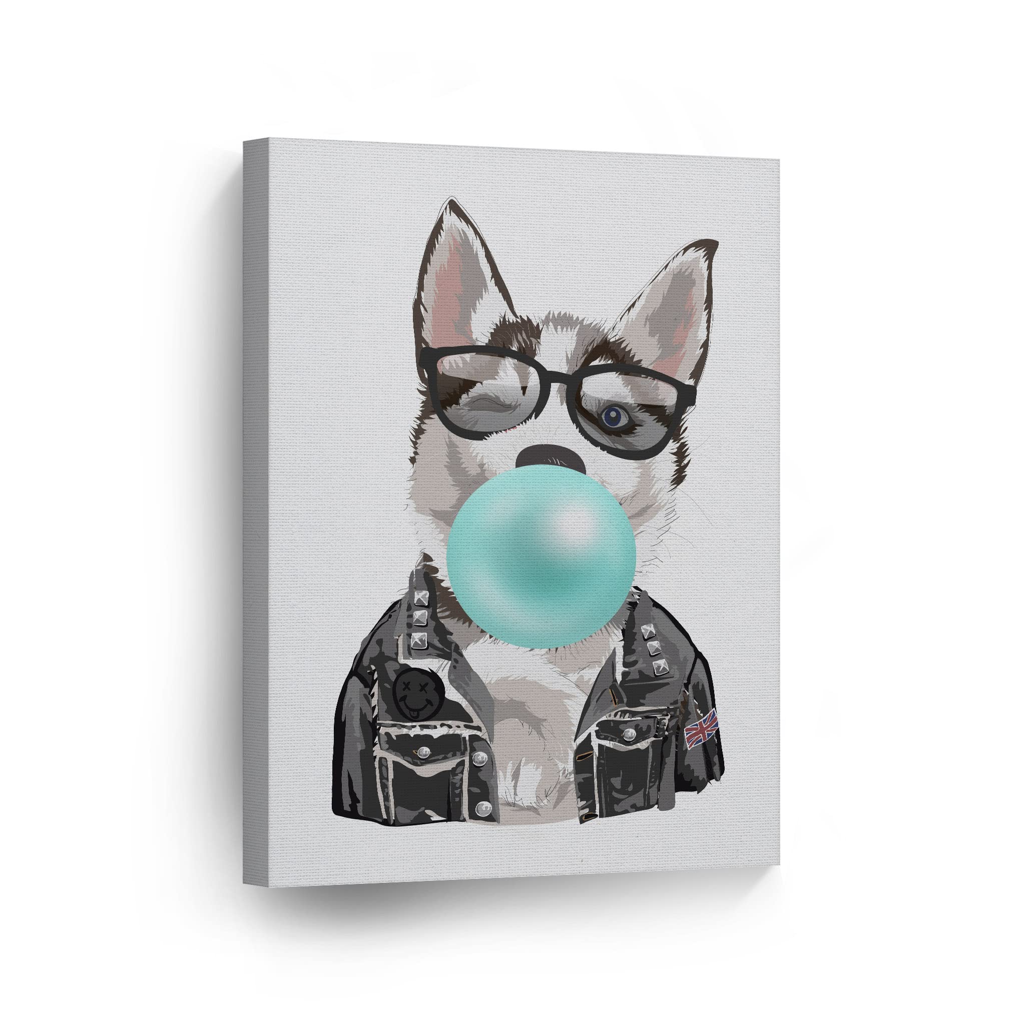 Smile Art Design Husky Dog Portrait in Jacket & Glasses Chewing Blue Bubble Gum - Canvas Wall Art Print for Pet Lovers, Animal Decor - Perfect for Living Room, Bedroom, Nursery & Kids Room - 12x8 Inches