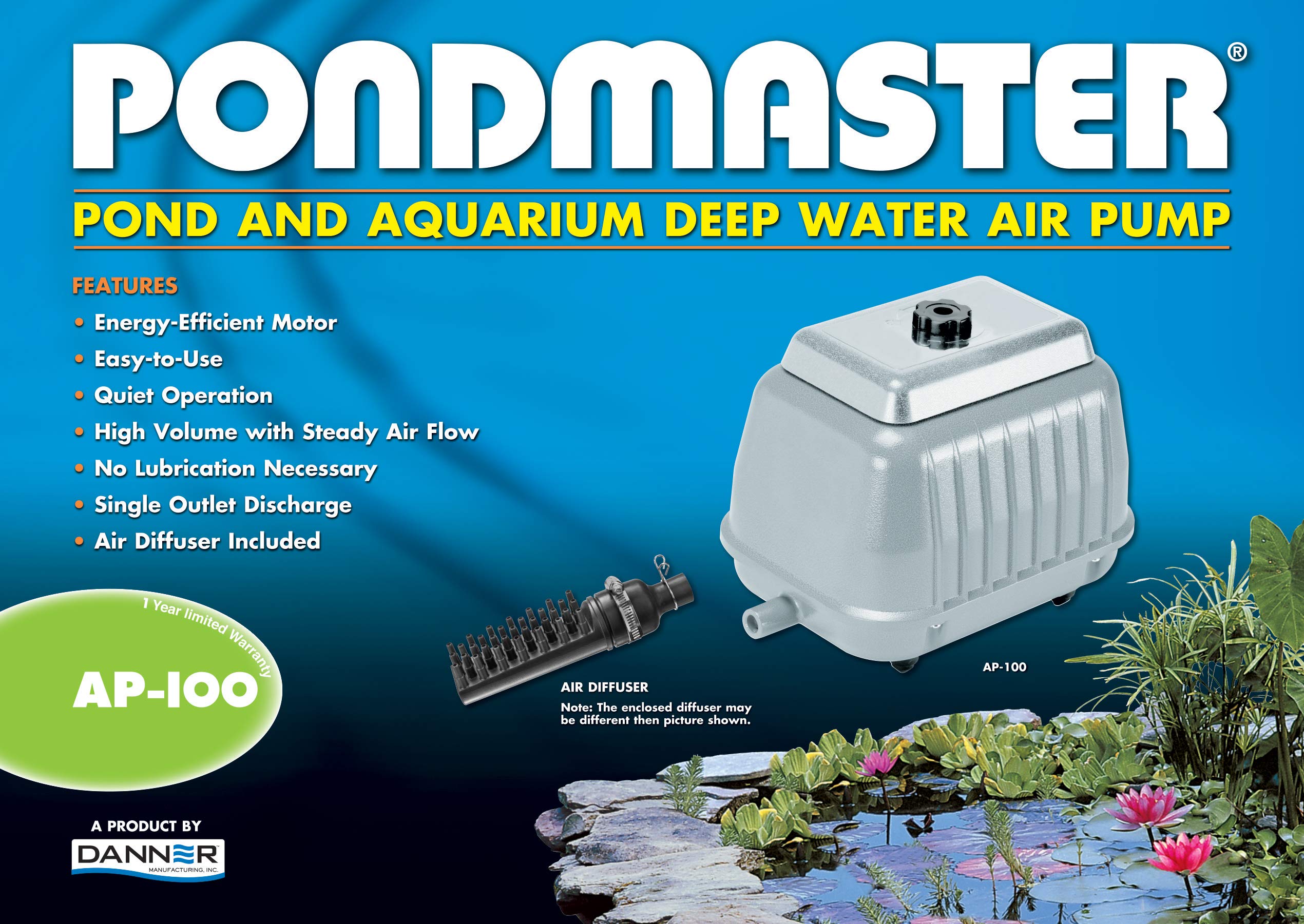Danner Pondmaster AP-100 High Performance Air Pump - 9150 cu.in/min Airflow for Ponds, Aquariums & Hydroponics | Ideal for Outdoor Water Features, Fish Tanks & Garden Aeration