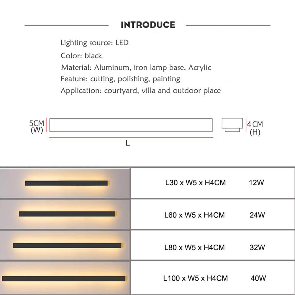 Modern LED Waterproof IP65 Outdoor Wall Light Fixture - Black Long Wall Lamp for Garden, Porch, Bedroom & Backlighting | 110V 220V | Durable Sconce Lantern for Exterior & Interior Use