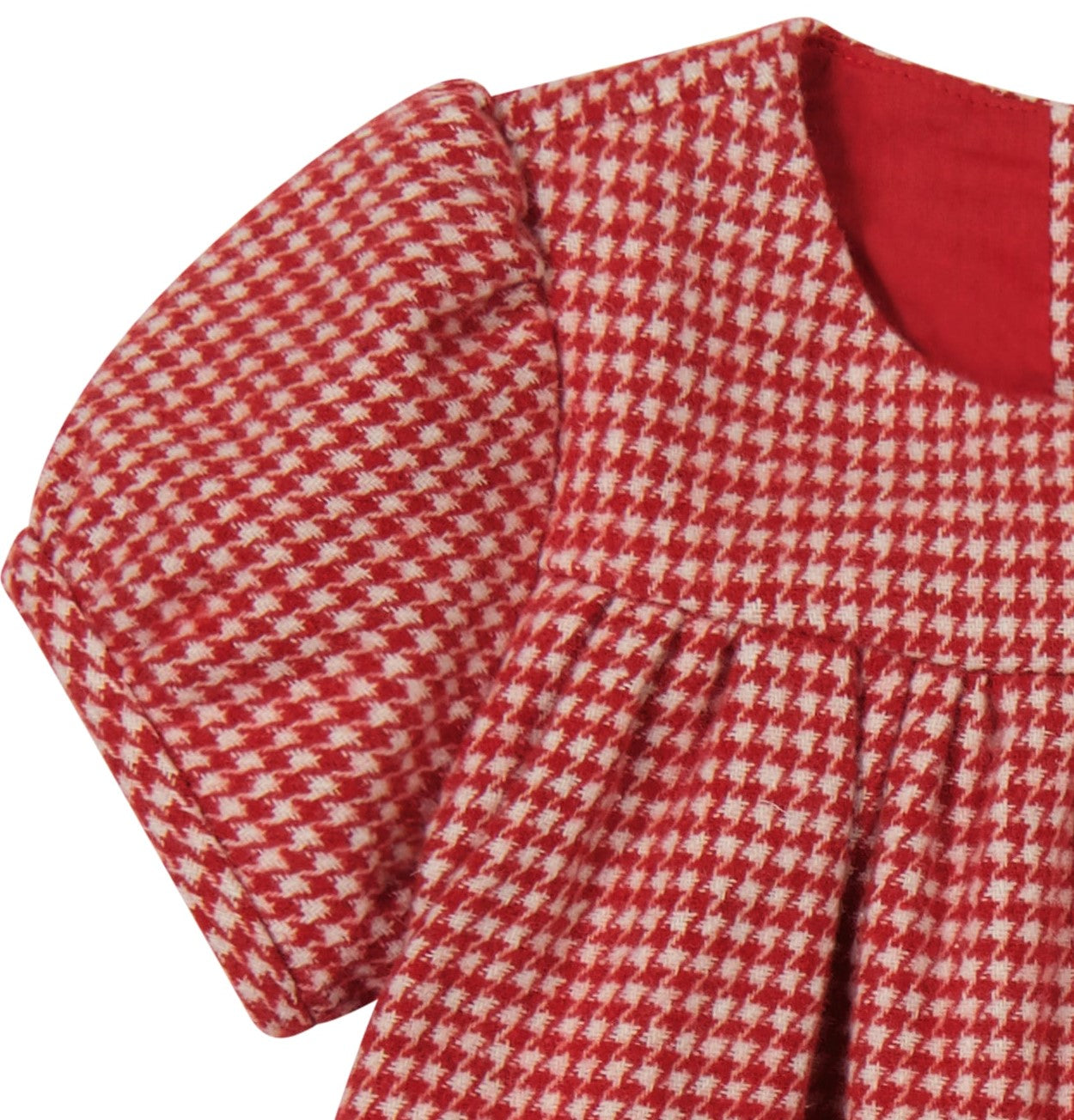 Matilda Girls Puff Sleeve Dress - Red Houndstooth Check Pattern Party Dress for Birthday, Holiday & Special Occasions