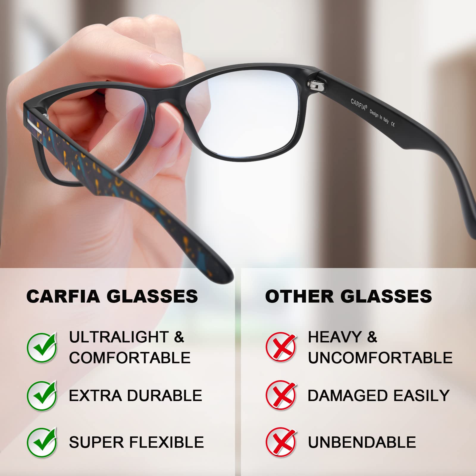 CARFIA Blue Light Blocking Glasses for Men & Women - Anti Eye Strain Computer Glasses, Gaming Glasses for Headache Relief, Square Nerd Eyewear - Perfect for Office Work, Online Classes & Nighttime Screen Use