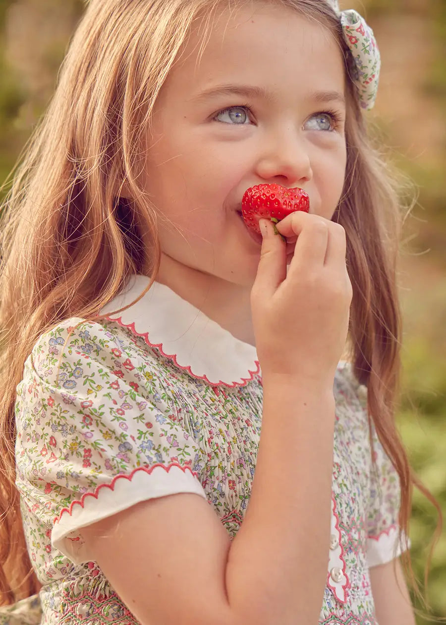 **Liberty Fabric Floral Hand Smocked Short Sleeve Dress for Girls - Cordelia Pink (12m-6yrs) | Perfect for Spring Outfits, Parties & Special Occasions**