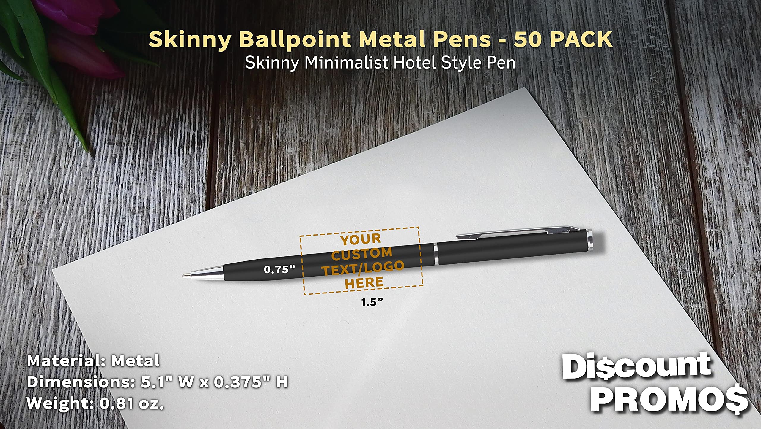 50 Pack Customizable Skinny Ballpoint Metal Pens with Black Ink - Engrave Your Logo/Text - Sleek Twist-Off Design for Office, School & Corporate Gifting