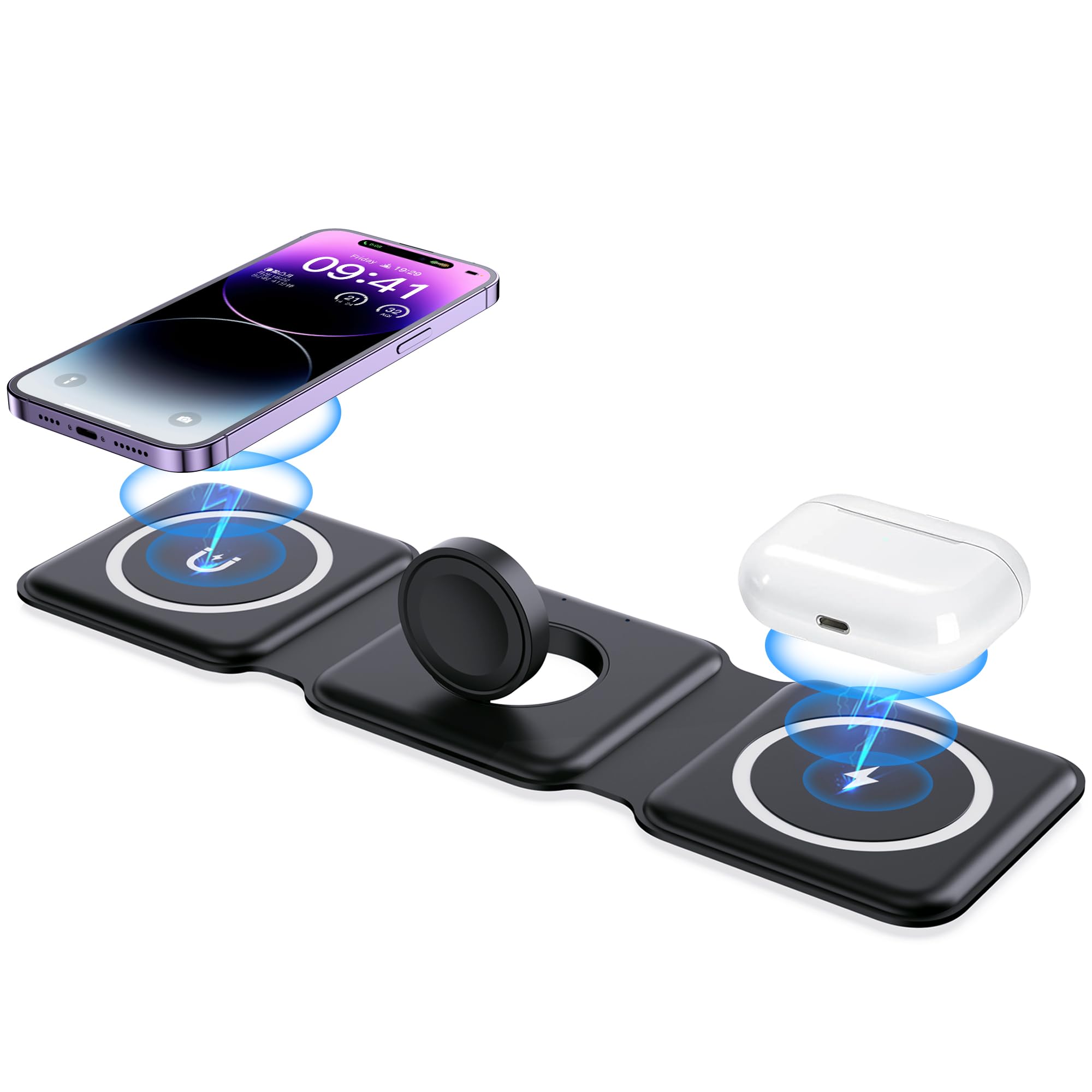 3-in-1 Magnetic Wireless Charging Station - Foldable Fast Charger for iPhone 16/15/14/13/12 Series, Apple Watch & AirPods (Includes Adapter) | Perfect for Travel, Office & Nightstand Charging